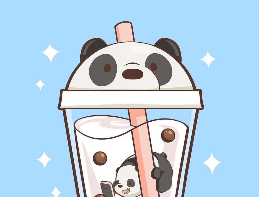 Boba 桌布 壁紙 — 一隻可愛的卡通熊貓從珍珠奶茶杯中探出頭來，另一隻熊貓則在飲料內拿著手機。