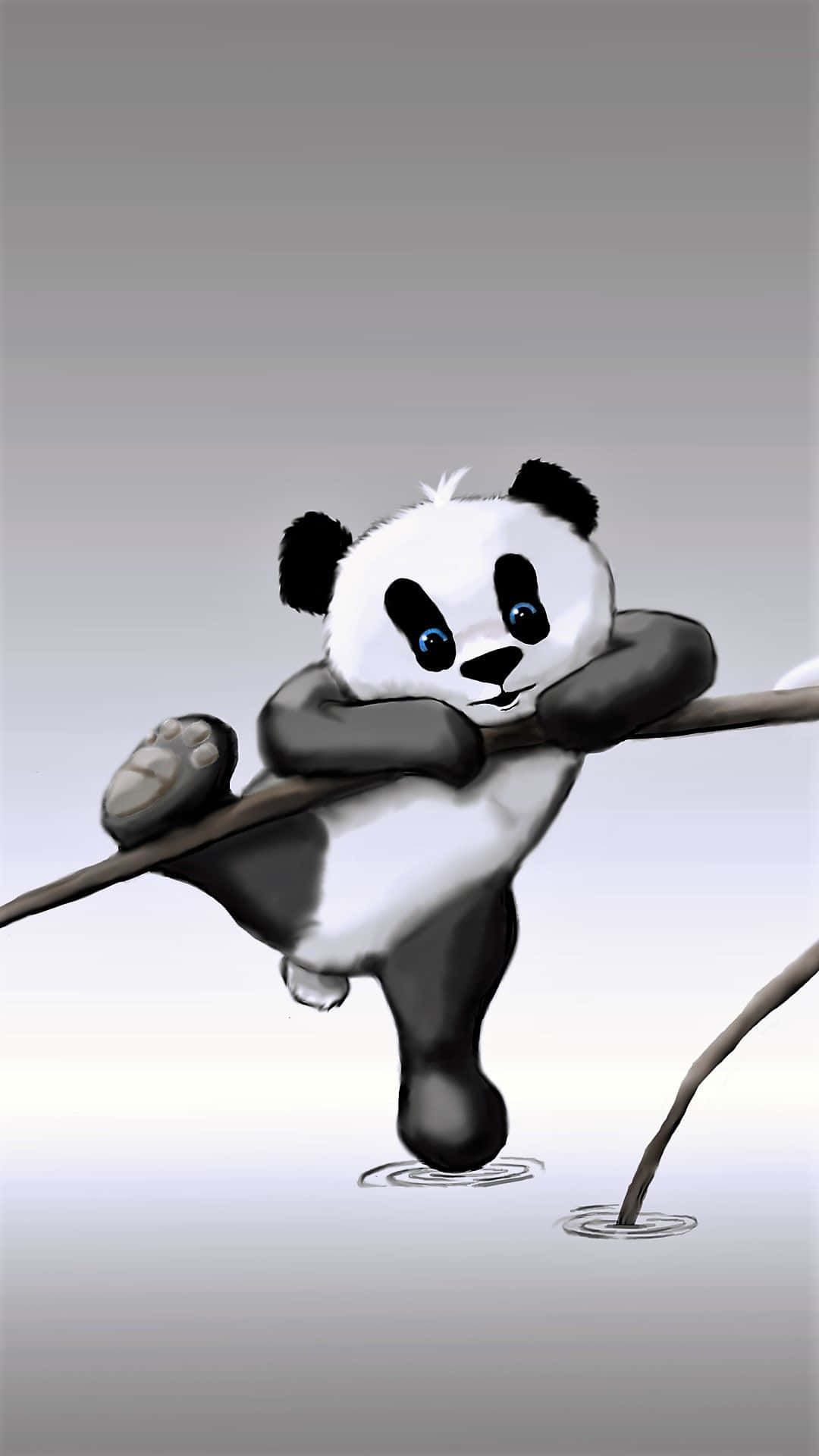 Kawaii Panda 桌布 壁紙 — 一隻可愛的卡通熊貓頑皮地掛在平靜水面上方的樹枝上，水面下有漣漪。