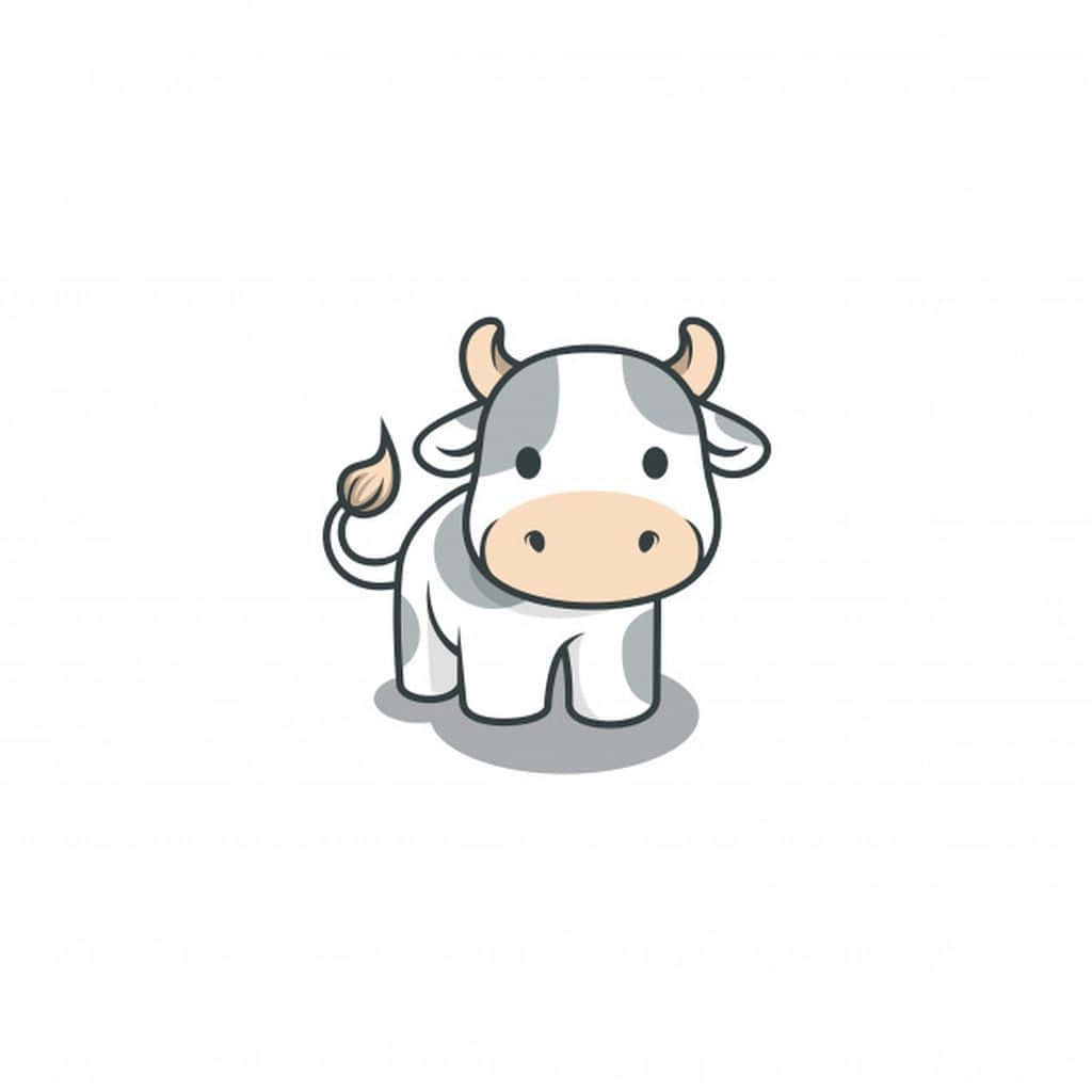 Kawaii Cute Cow 桌布 壁紙 — 一隻可愛的卡通牛，帶有灰色和白色斑點，站在純白色背景上，下方有柔和陰影。