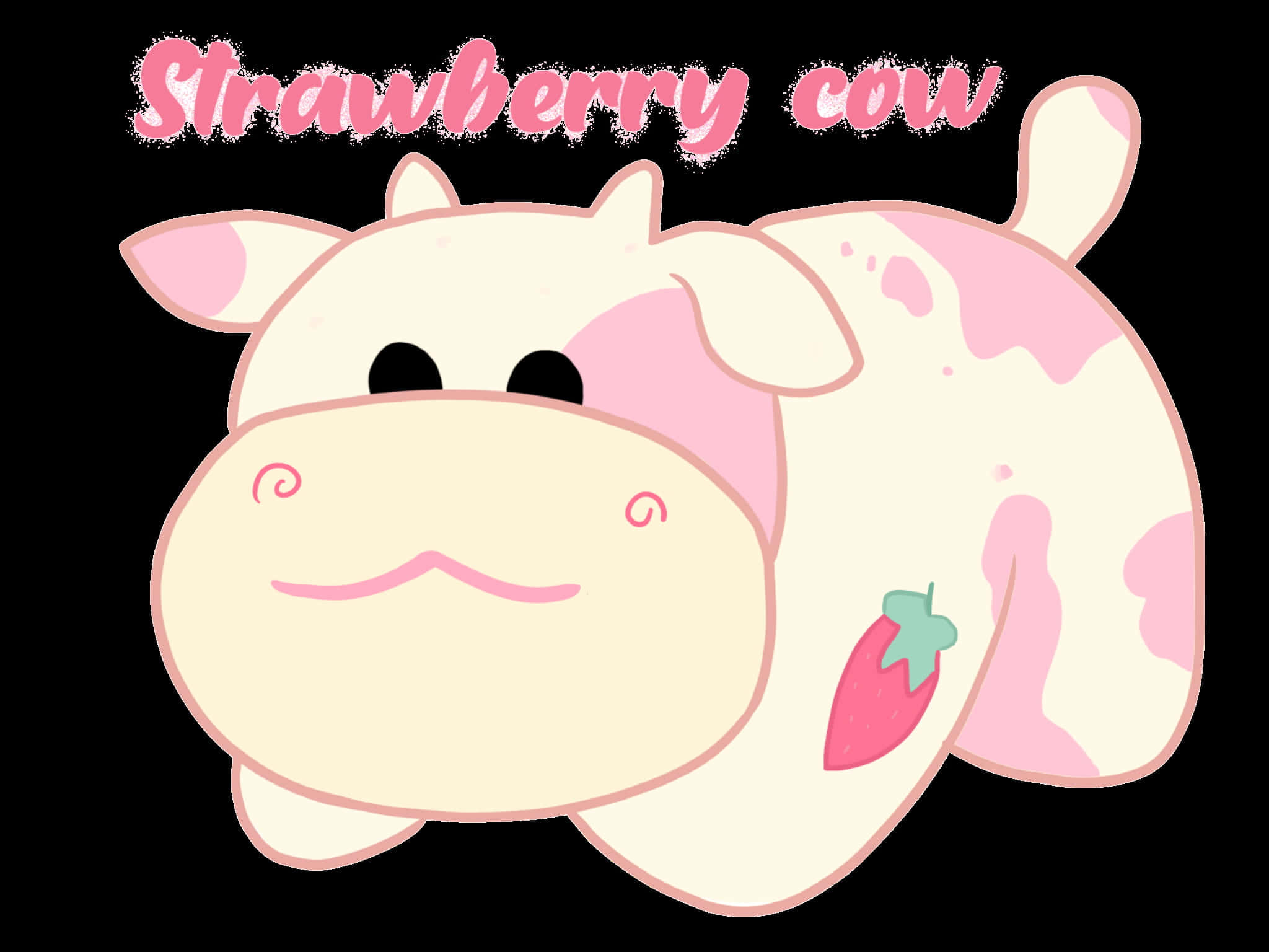 Kawaii Strawberry Cow 桌布 壁紙 — 一隻可愛的卡通牛，帶有粉紅色斑點和草莓標誌，在黑色背景上微笑。