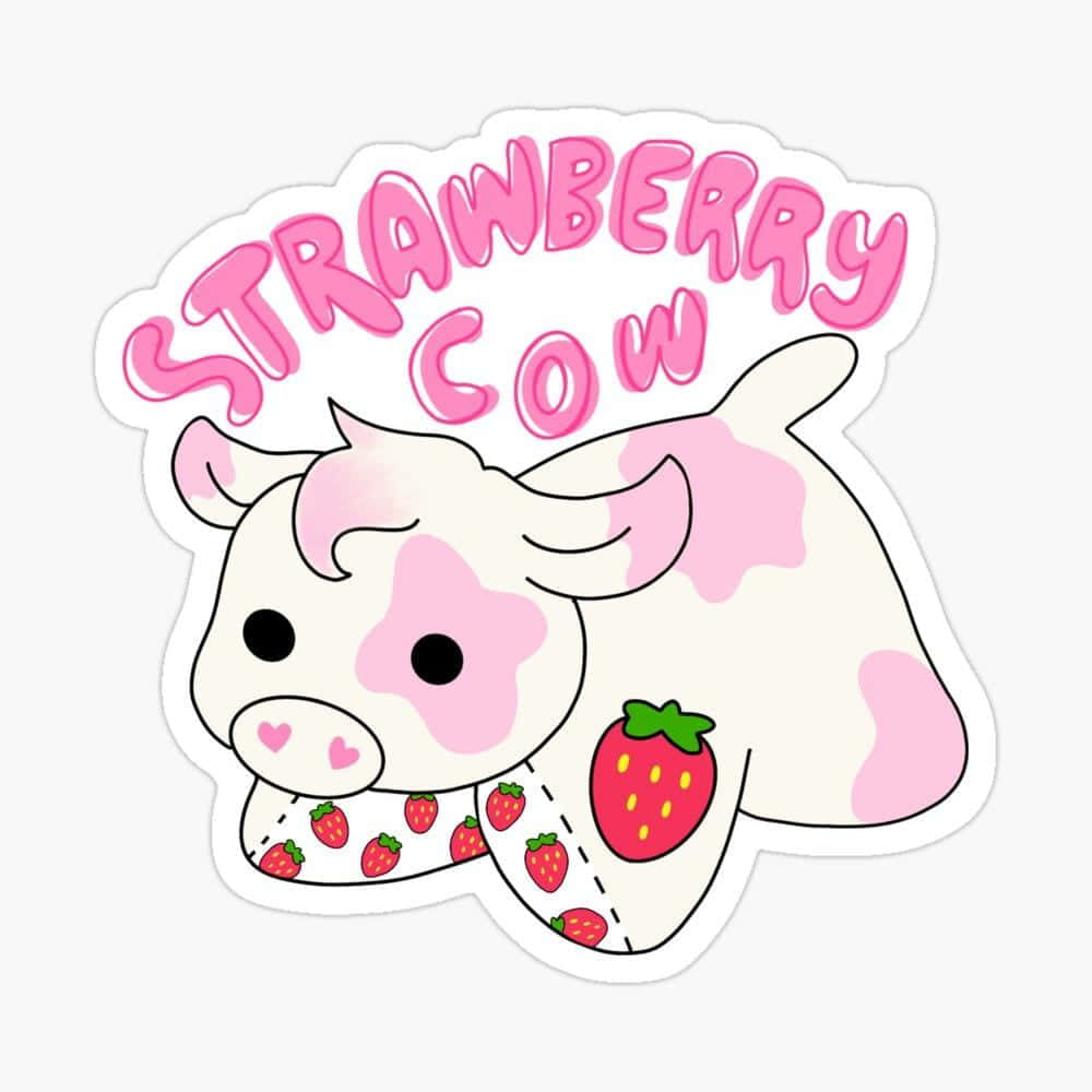 Kawaii Strawberry Cow 桌布 壁紙 — 一隻可愛的卡通牛，帶有粉紅色斑點和草莓主題圍巾，位於'STRAWBERRY COW'文字下方。