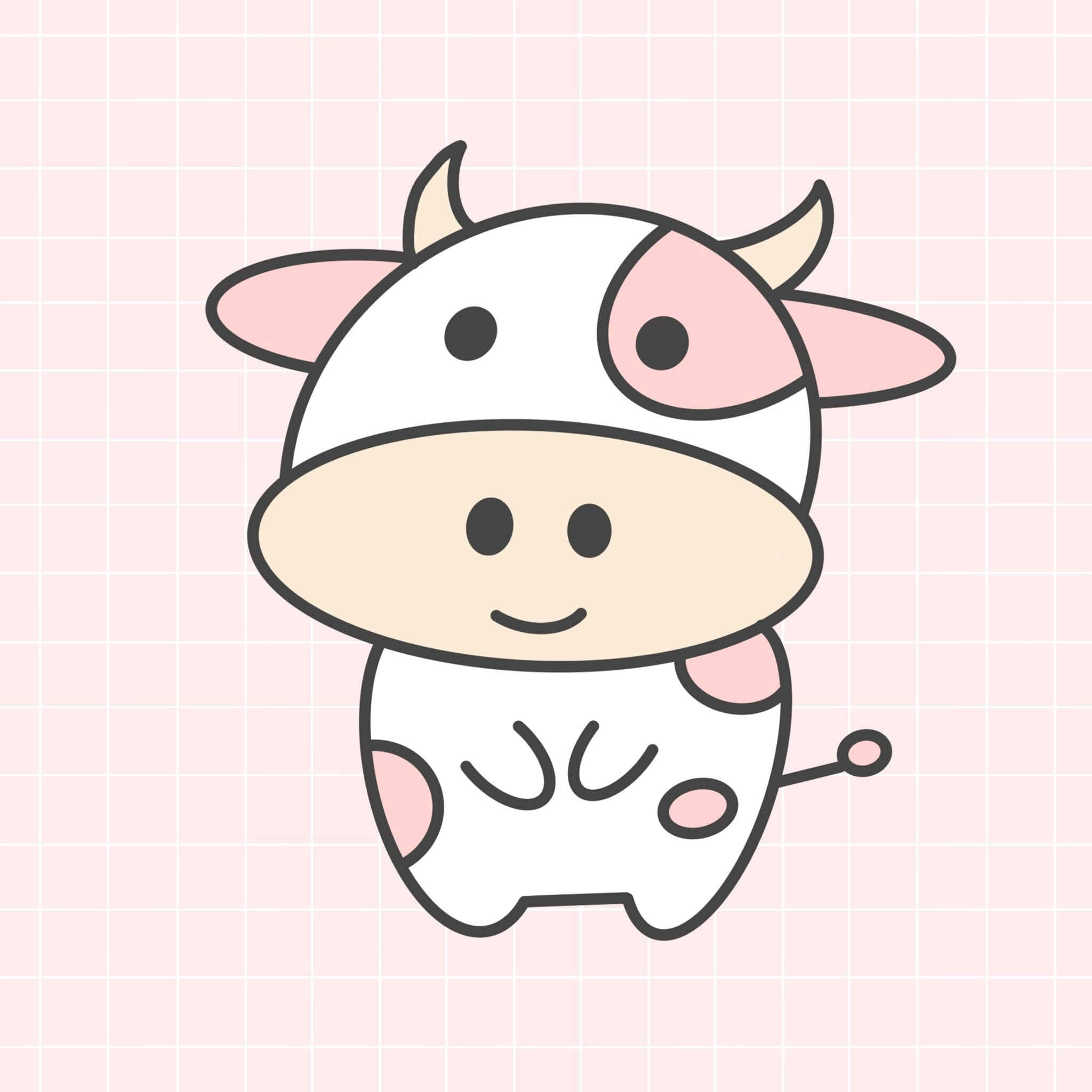 Kawaii Strawberry Cow 桌布 壁紙 — 一隻可愛的卡通牛，帶有粉紅色斑點和角，在淺粉紅色網格背景上微笑。