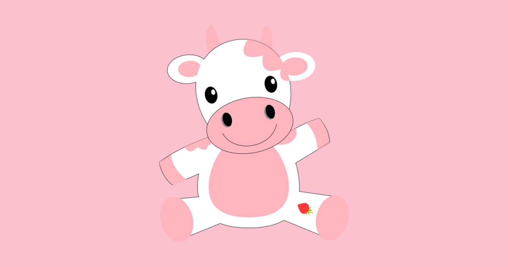 Kawaii Strawberry Cow 桌布 壁紙 — 一隻可愛的卡通牛，帶有粉紅色斑點和腿上的草莓，開心地坐在純粉紅色背景上。