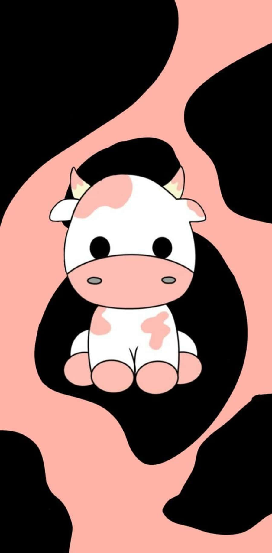 Kawaii Cute Cow 桌布 壁紙 — 一隻可愛的卡通牛，帶有粉紅色斑點，坐在大膽的粉紅色和黑色抽象背景中央。