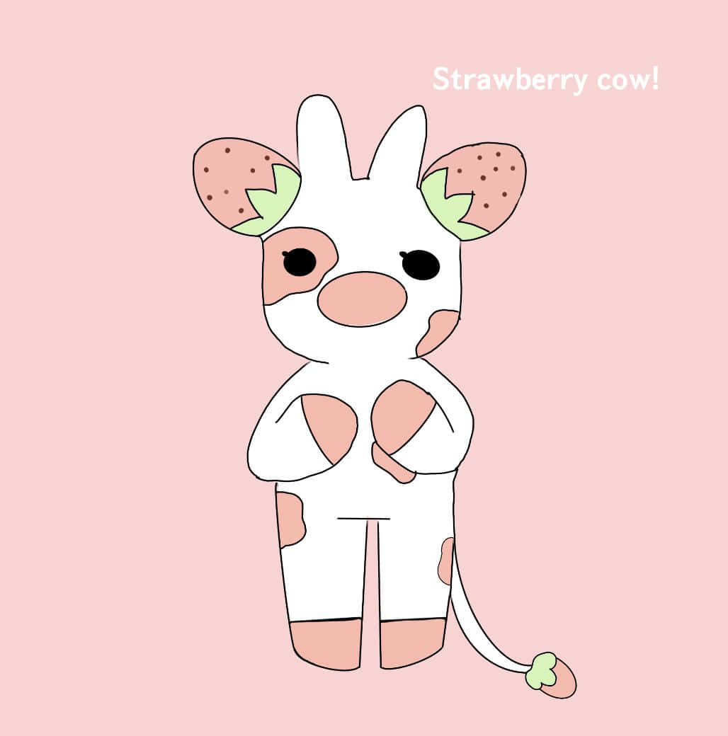 Kawaii Strawberry Cow 桌布 壁紙 — 一隻可愛的卡通牛，擁有草莓形狀的耳朵和尾巴，站在柔和的粉紅色背景前。