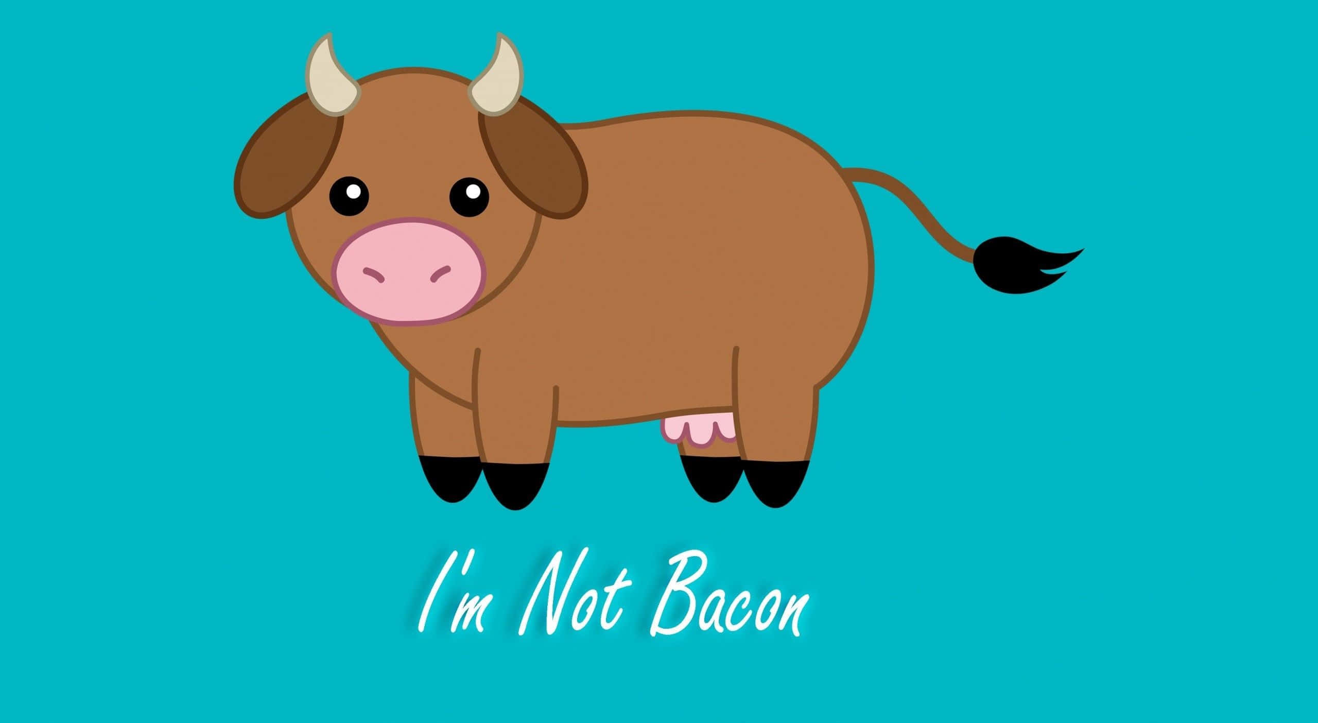 Kawaii Cute Cow 桌布 壁紙 — 一隻可愛的卡通牛，有角和粉紅色的鼻子，站在青綠色的背景上，上面寫著「我不是煙肉」。