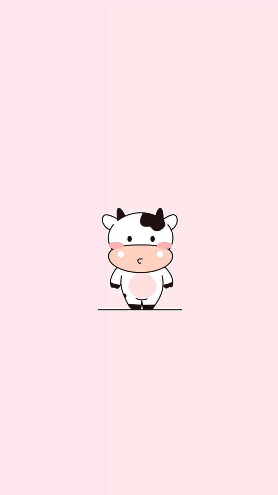 Kawaii Strawberry Cow 桌布 壁紙 — 一隻可愛的卡通牛，粉紅色的臉頰和黑色的斑點，獨自站在柔和的粉紅色背景上。