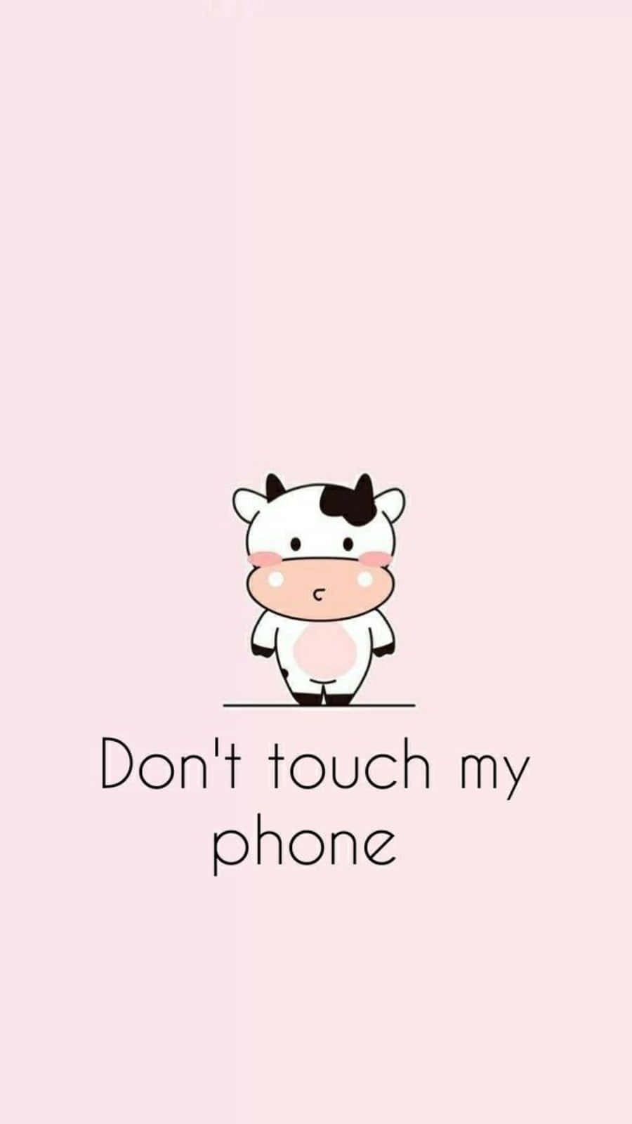 Kawaii Cute Cow 桌布 壁紙 — 一隻可愛的卡通牛，臉頰粉紅，站在一條線上，背景是柔和的粉紅色，上面寫著「唔好掂我嘅電話」。