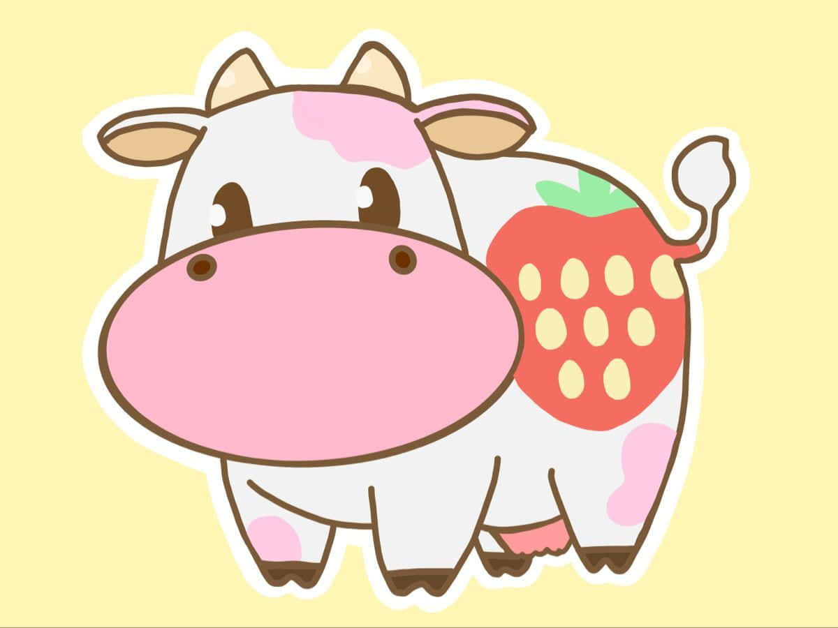 Kawaii Strawberry Cow 桌布 壁紙 — 一隻可愛的卡通牛，身上有粉紅色斑點和側邊的草莓圖案，站在柔和的黃色背景前。