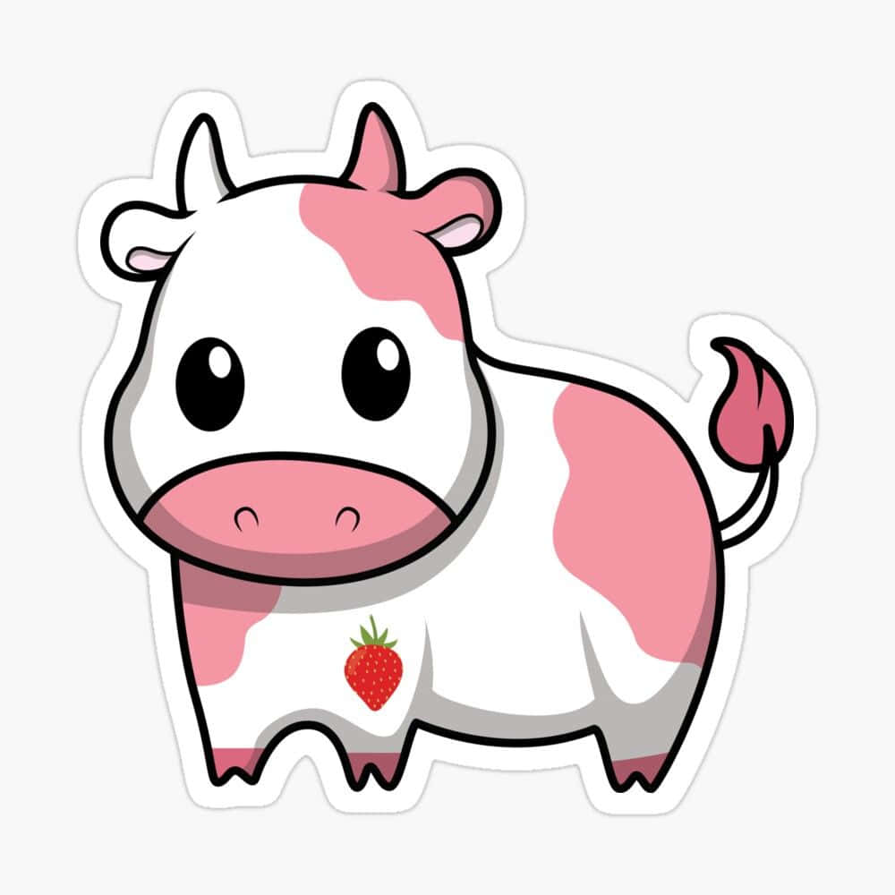 Kawaii Strawberry Cow 桌布 壁紙 — 一隻可愛的卡通牛，身上有粉紅色斑點，肚子上有草莓，以貼紙形式呈現。