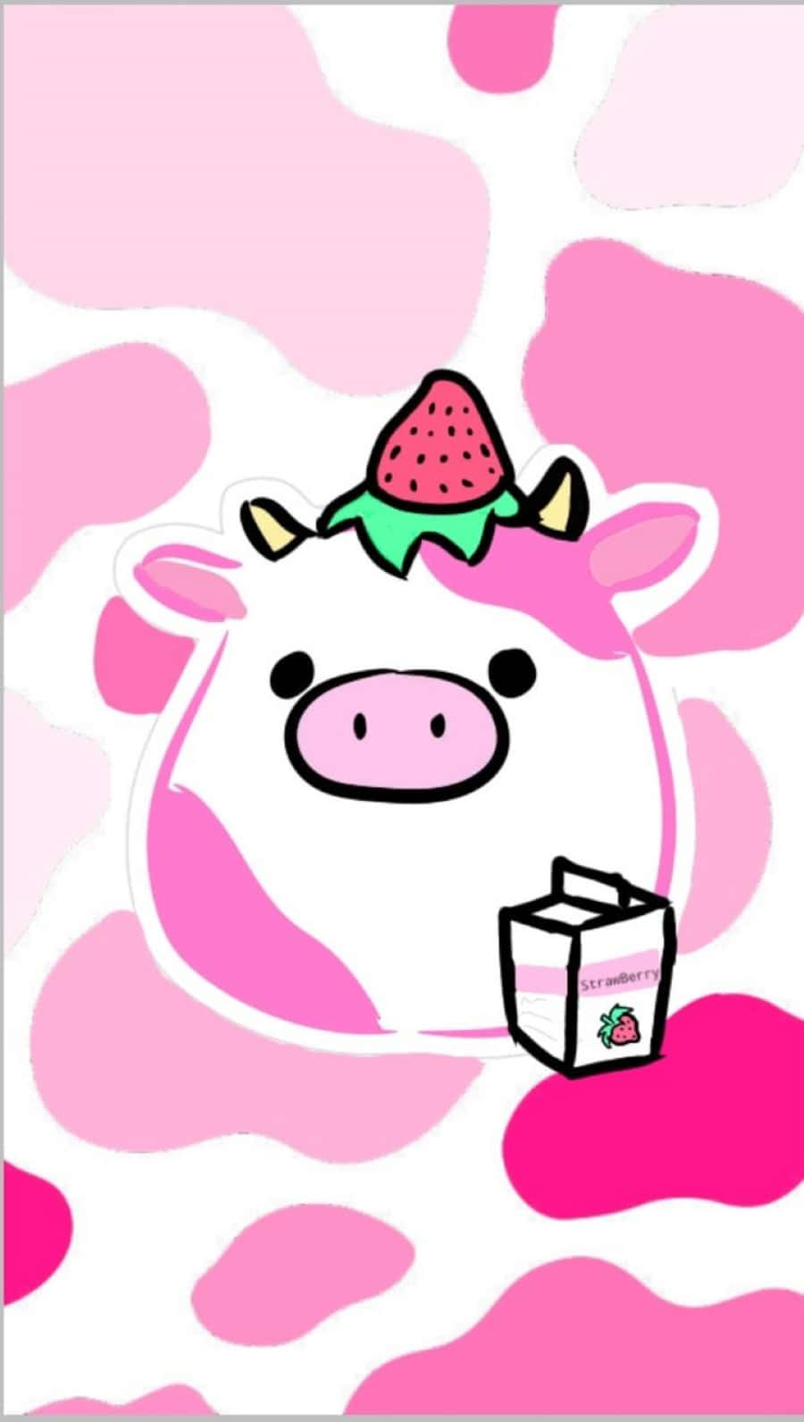 Kawaii Strawberry Cow 桌布 壁紙 — 一隻可愛的卡通牛，身上有粉紅色斑點，頭上頂著一顆草莓，在粉白圓點背景前拿著一盒草莓牛奶。