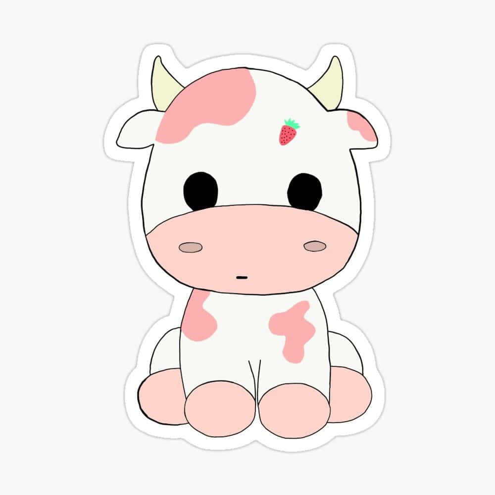 Kawaii Strawberry Cow 桌布 壁紙 — 一隻可愛的卡通牛，身上有粉紅色斑點，額頭上有草莓，坐在純色背景前。