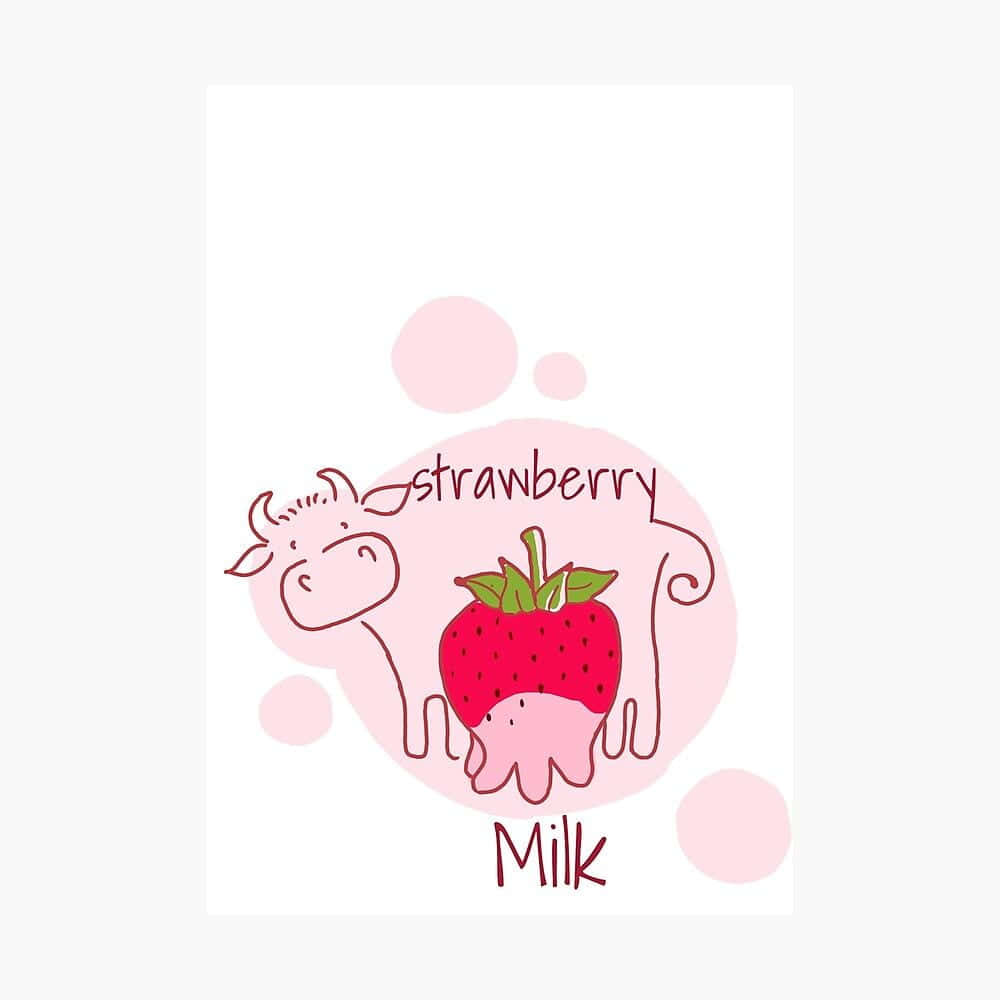 Kawaii Strawberry Cow 桌布 壁紙 — 一隻可愛的卡通牛，身體是草莓形狀，周圍寫著草莓牛奶字樣，背景為粉紅色。