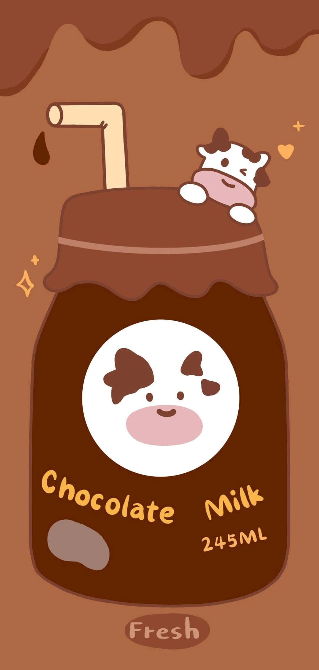 Kawaii Cute Cow 桌布 壁紙 — 一隻可愛的卡通牛從朱古力奶瓶頂部探出頭來，周圍有飲管和心形閃光。