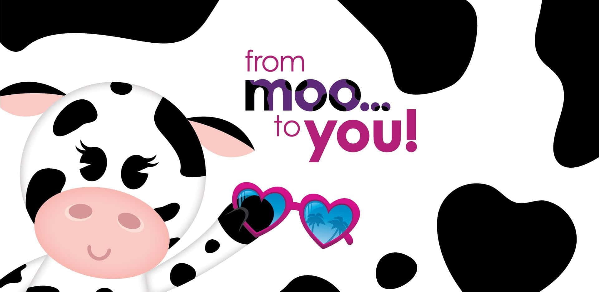 Kawaii Cute Cow 桌布 壁紙 — 一隻可愛的卡通牛戴著心形太陽眼鏡，在黑白圓點背景上微笑，文字寫著從 moo... 給你！