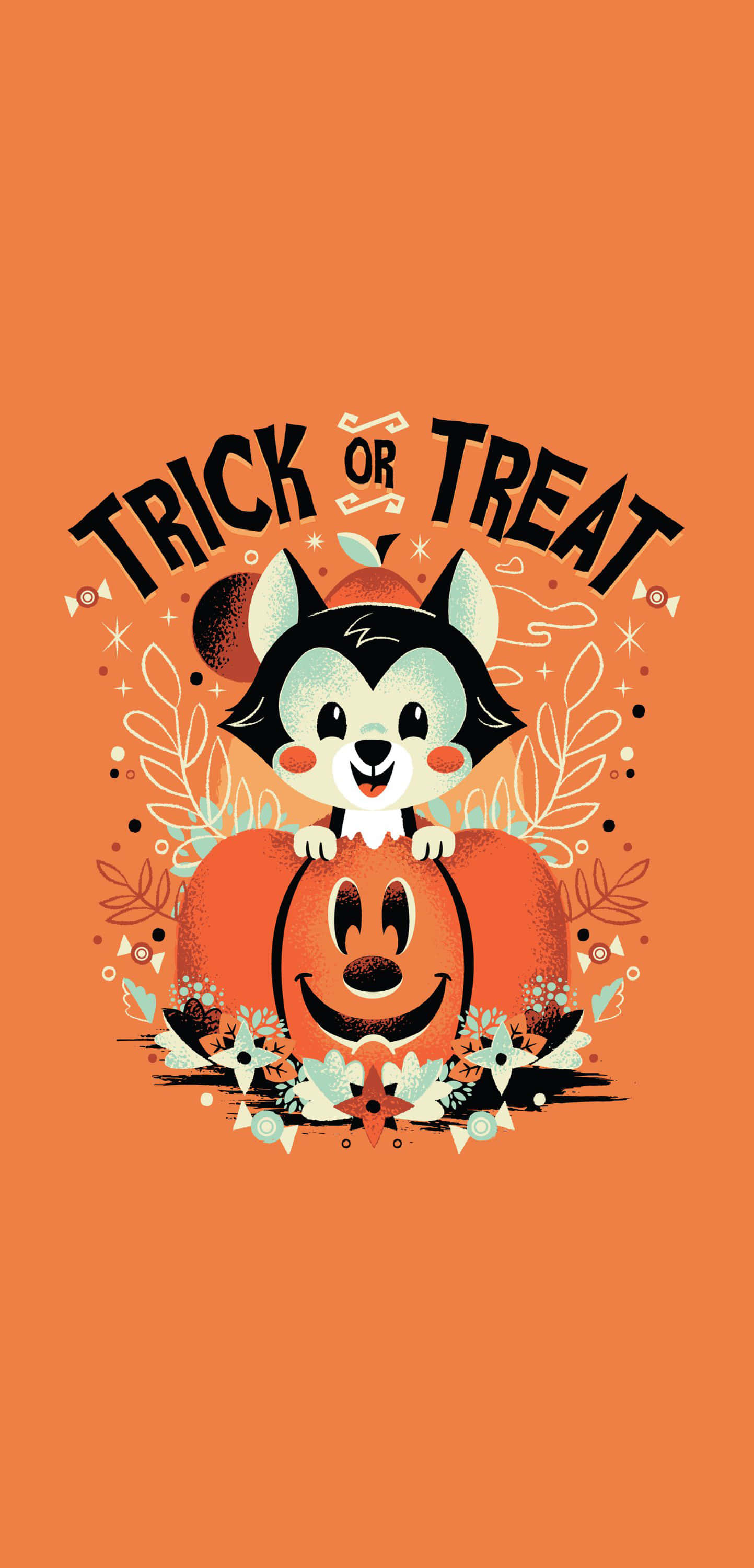 Trick Or Treat 桌布 壁紙 — 一隻可愛的卡通狐狸在橙色背景上，從微笑的南瓜燈上方探出頭來，下方有「Trick or Treat」文字。