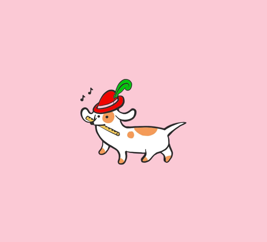 Cute Animations 桌布 壁紙 — 一隻可愛的卡通狗，戴著一頂帶有綠色羽毛的紅色帽子，拿著長笛在柔和的粉紅色背景上演奏音樂。