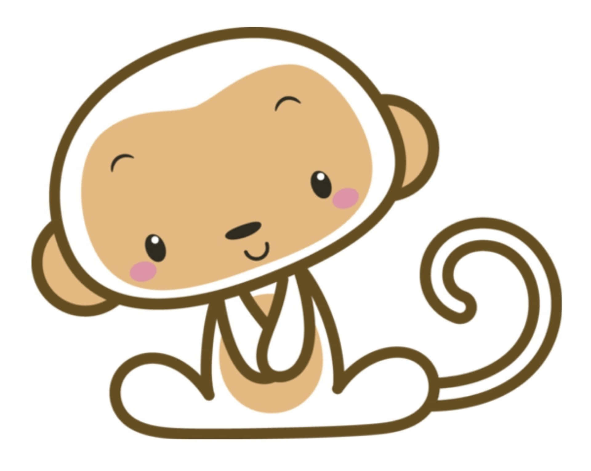 Cute Kawaii Japanese Characters 桌布 壁紙 — 一隻可愛的卡通猴子，面帶微笑，尾巴捲曲，以簡單友好的插畫風格坐著。