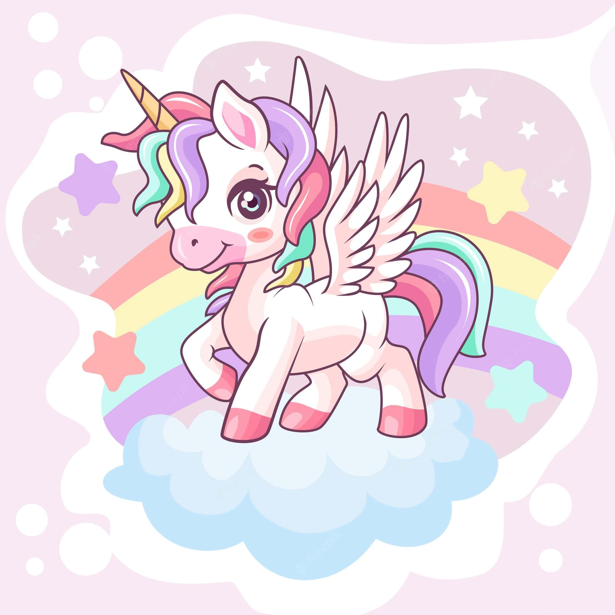 Pastel Unicorn 桌布 壁紙 — 一隻可愛的卡通獨角獸，擁有彩虹鬃毛和翅膀，站在蓬鬆的雲朵上，背景是帶有星星和彩虹的粉彩天空。