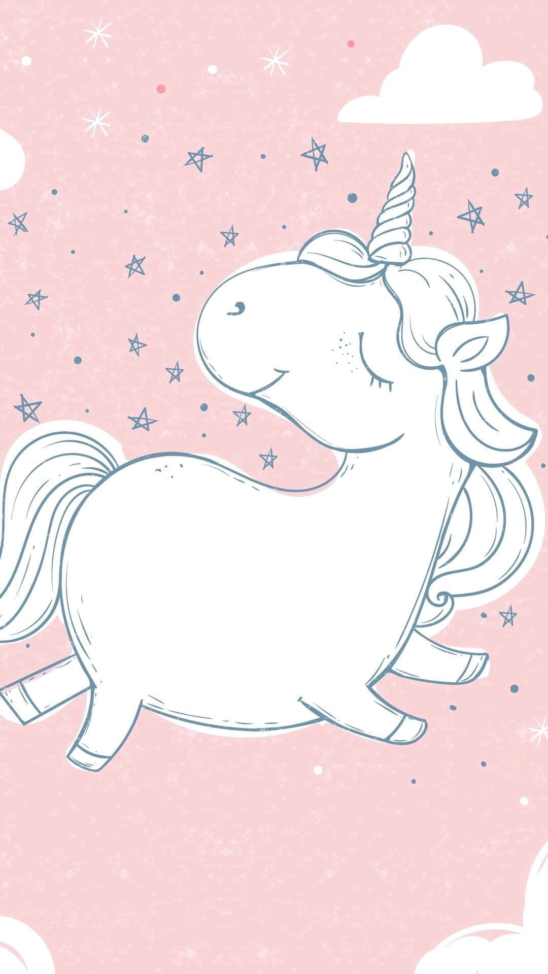 Kawaii Unicorn 桌布 壁紙 — 一隻可愛的卡通獨角獸，閉著眼睛，有角，在點綴著星星和雲朵的粉紅色天空中平靜地漂浮。