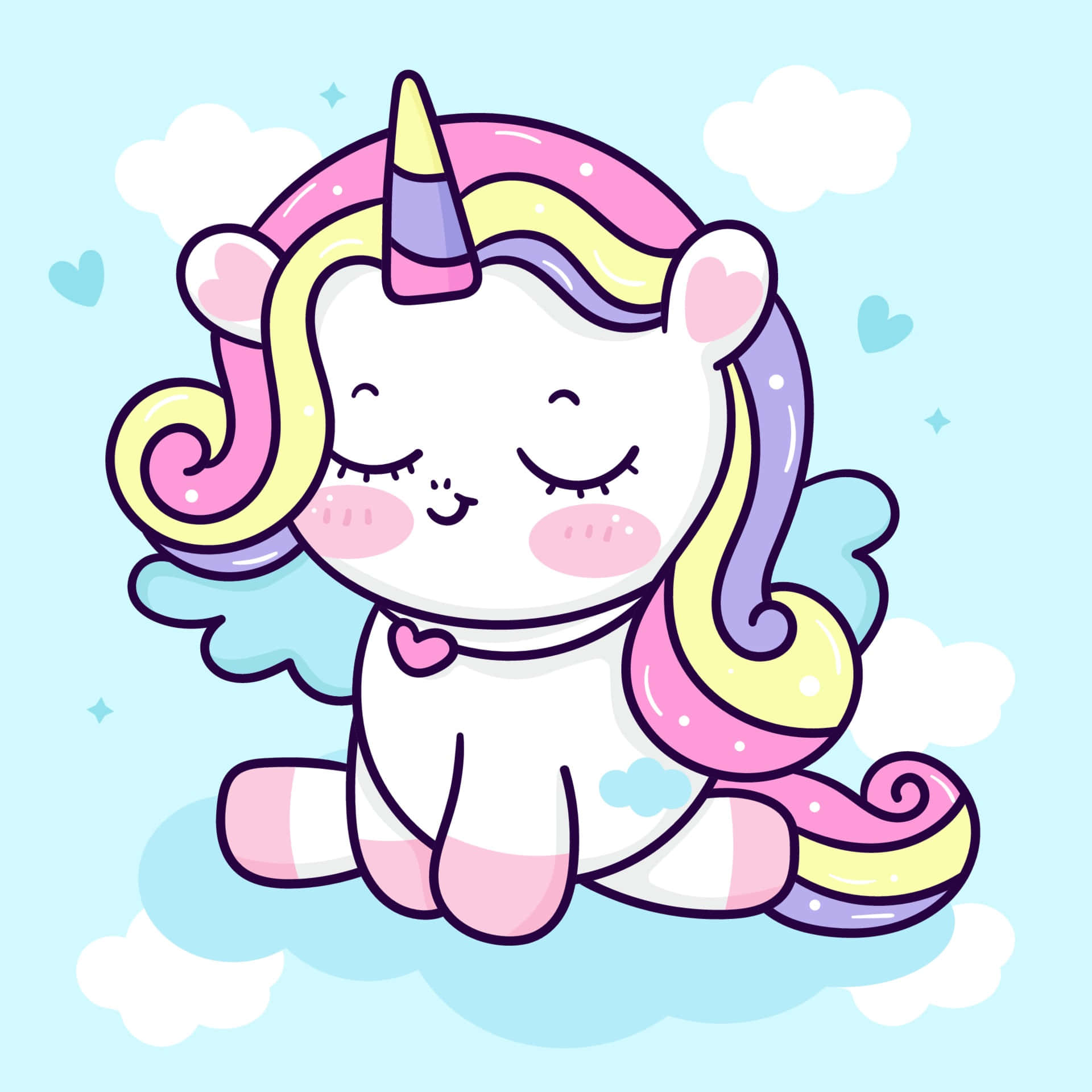 Pastel Unicorn 桌布 壁紙 — 一隻可愛的卡通獨角獸閉著眼睛，擁有彩虹鬃毛，平靜地坐在雲上，背景是淺藍色的天空，漂浮著心形圖案。