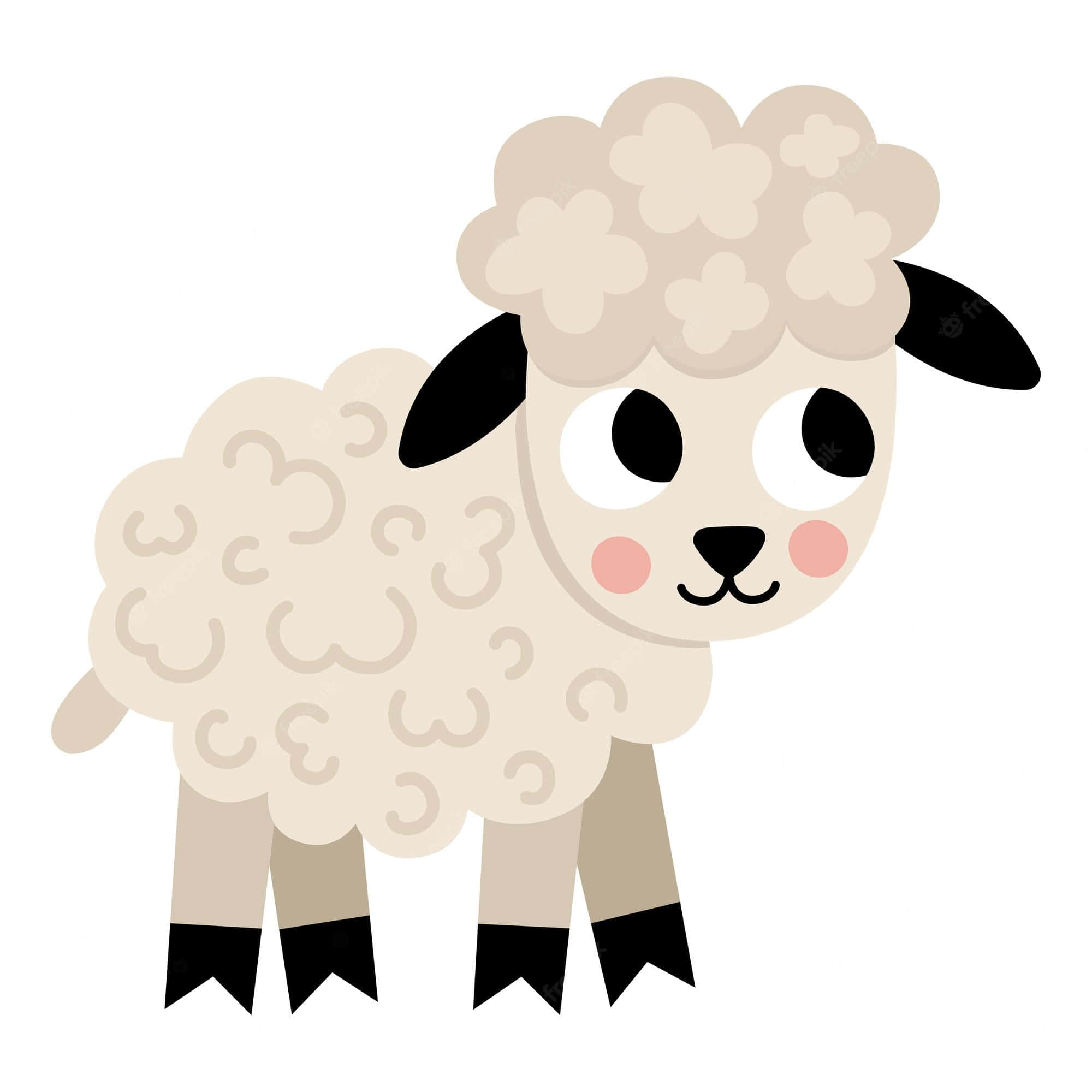 Lamb 桌布 壁紙 — 一隻可愛的卡通綿羊，有蓬鬆的米色羊毛和黑色耳朵，站在純白色背景前。