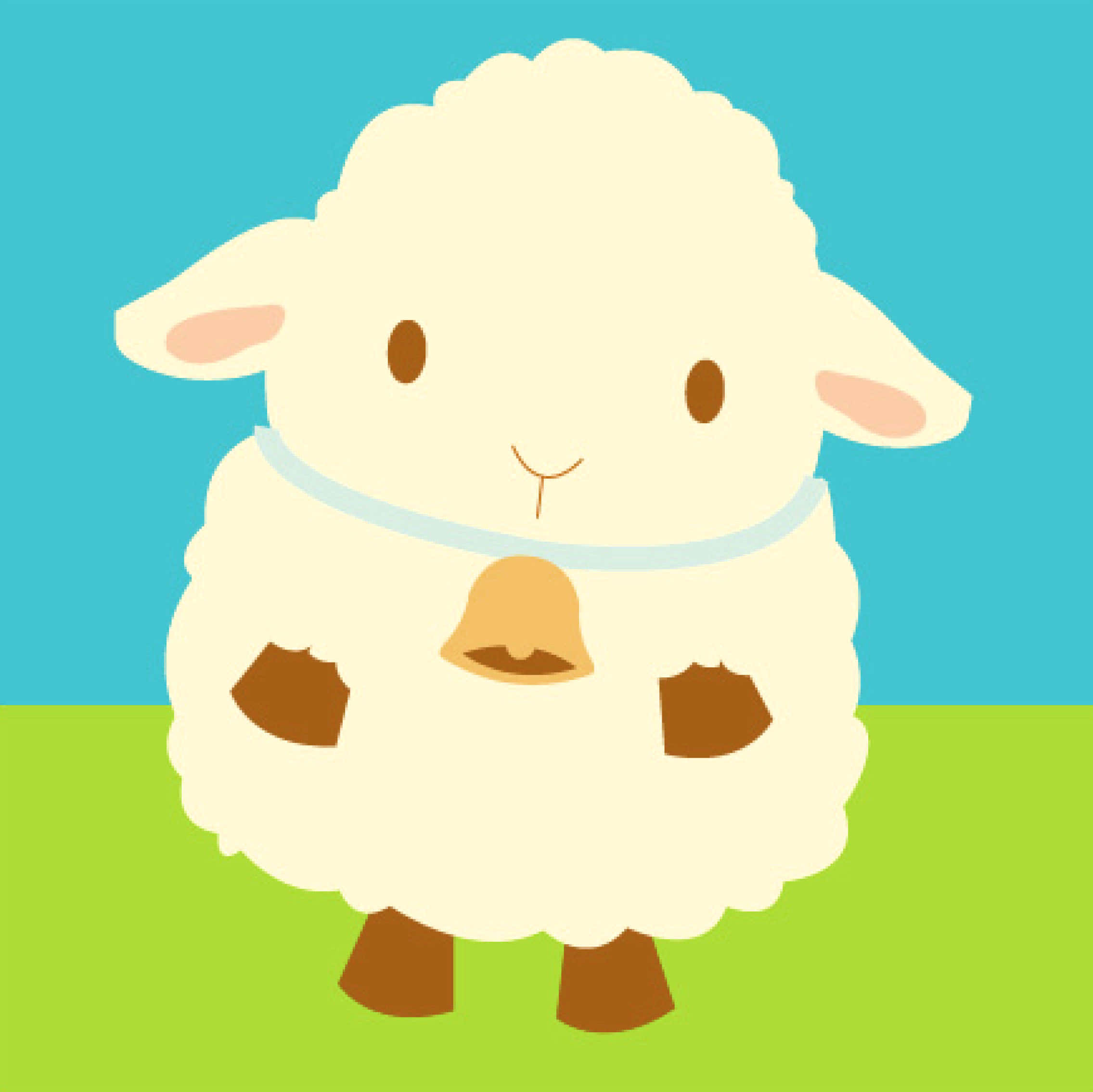 Clipart 桌布 壁紙 — 一隻可愛的卡通羊，脖子上掛著鈴鐺，站在綠色的草地上，背景是明亮的藍天。