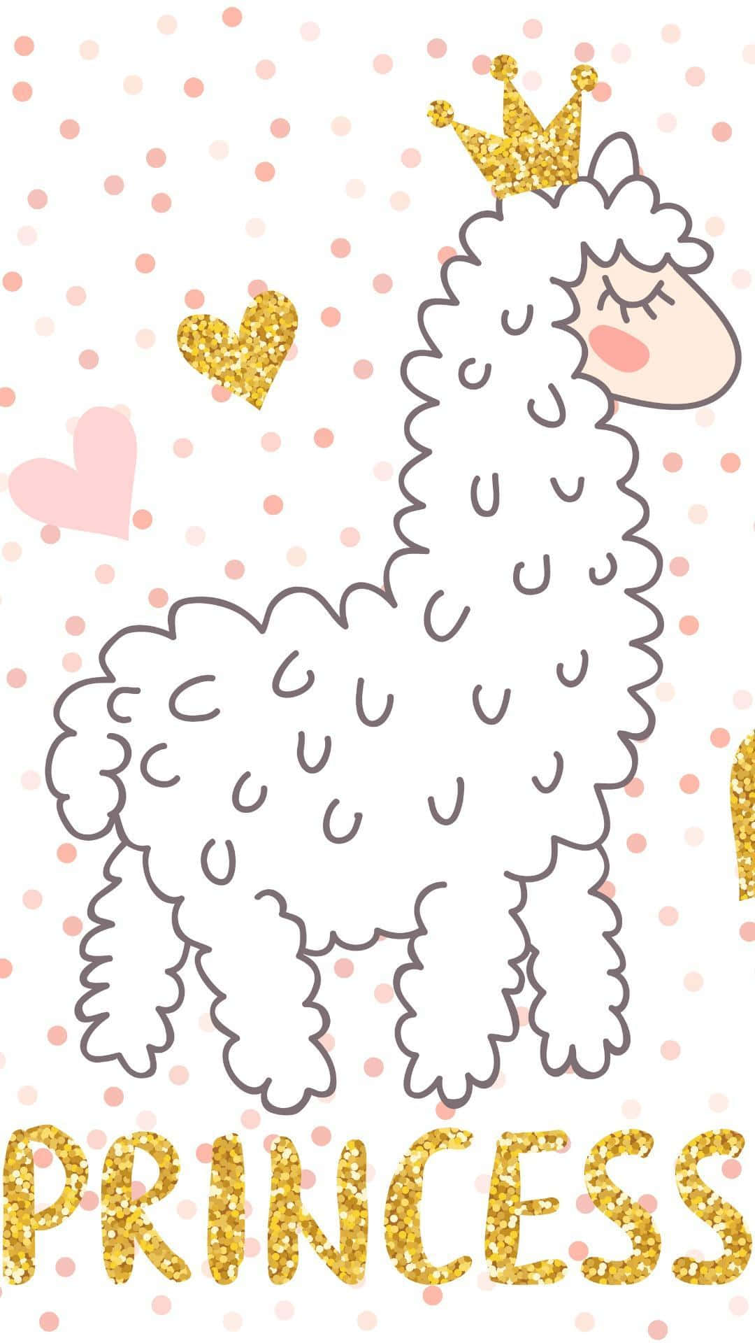 Kawaii Llama 桌布 壁紙 — 一隻可愛的卡通羊駝，戴著金色閃亮皇冠，在粉紅色圓點背景上有閃亮字母拼成的「公主」字樣。
