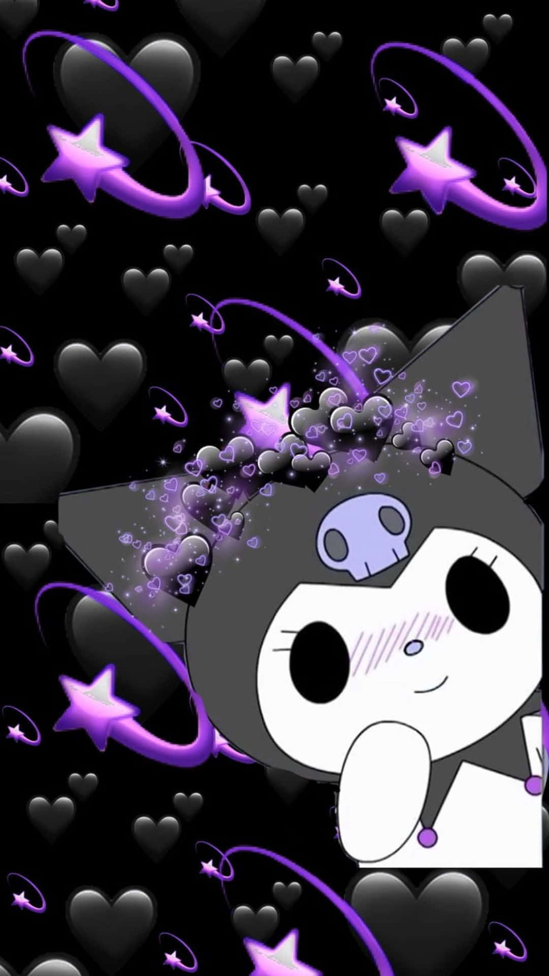 Kuromi Kawaii 桌布 壁紙 — 一隻可愛的卡通貓，頭上有一個骷髏頭，被發光的紫色星星和心形包圍，背景為黑色。