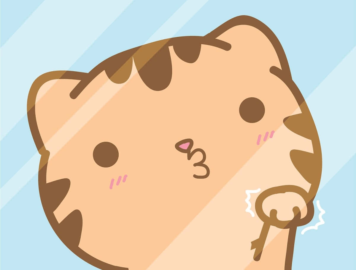 Cute Animations 桌布 壁紙 — 一隻可愛的卡通貓咪，有棕色條紋和紅潤的臉頰，在淺藍色背景上拿著鑰匙送飛吻。