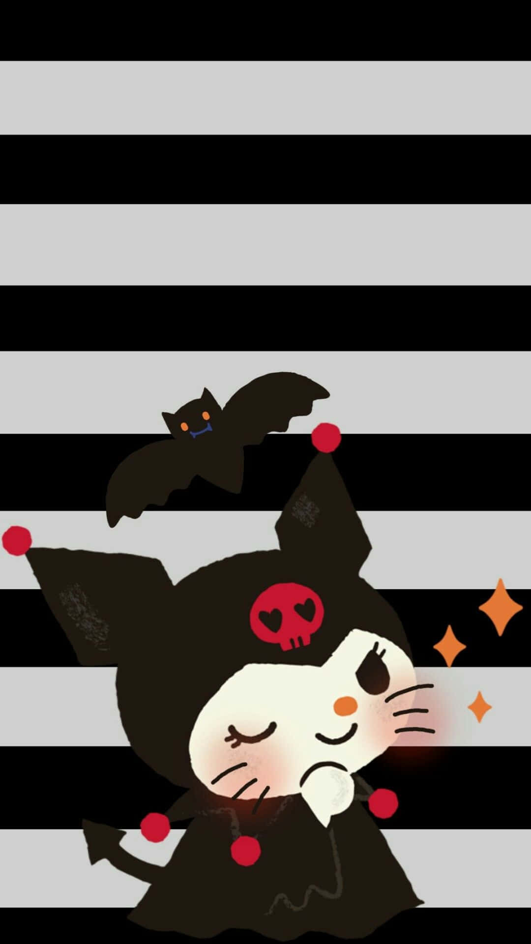 Kuromi Halloween 桌布 壁紙 — 一隻可愛的卡通貓咪，穿著黑色女巫服裝，戴著骷髏頭帶和蝙蝠，背景是大膽的黑白條紋。