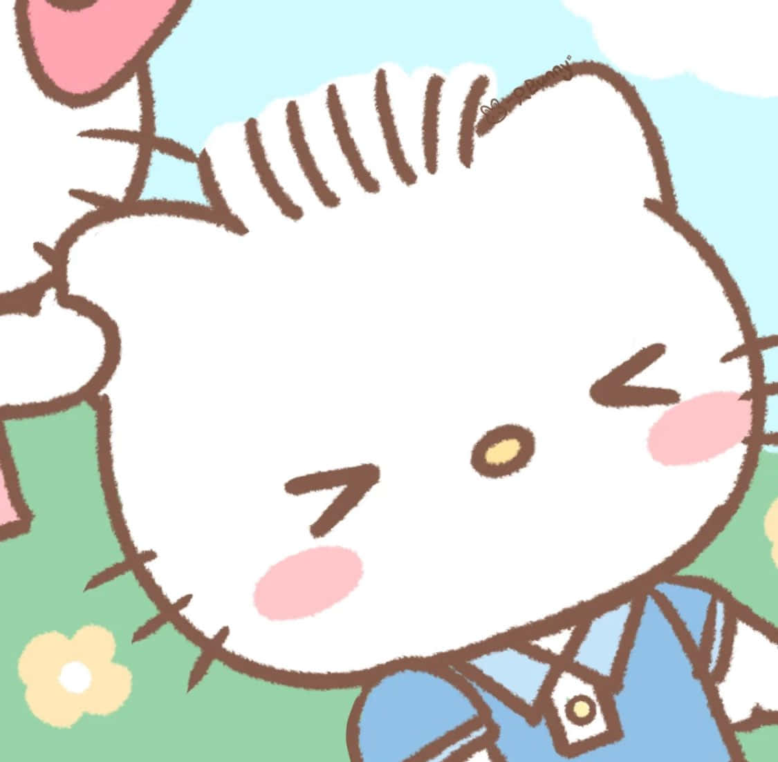 Dear Daniel 桌布 壁紙 — 一隻可愛的卡通貓咪，粉紅色的臉頰和藍色襯衫，在淺藍色的天空下微笑，背景有綠草和黃花。