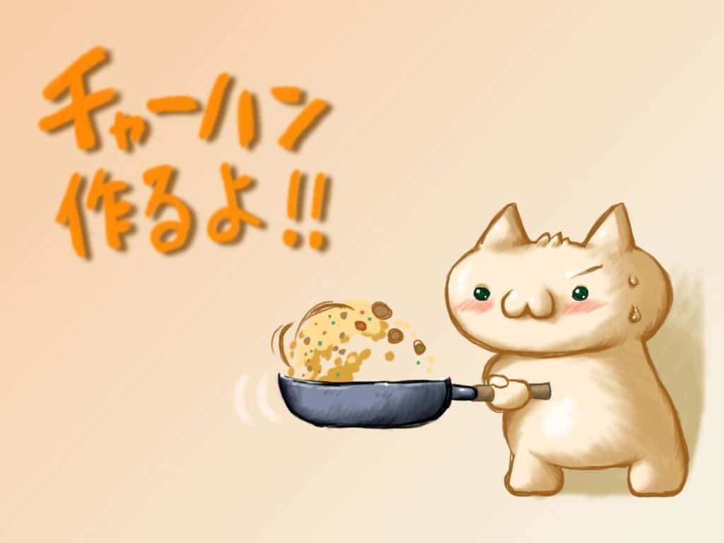 Cute Food 桌布 壁紙 — 一隻可愛的卡通貓咪，臉頰紅潤，在溫暖的米色背景下，堅定地攪拌著一鍋冒泡的穀物。