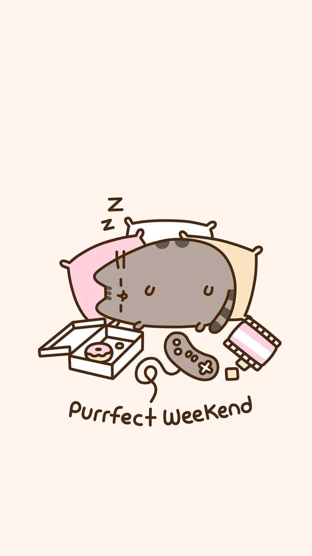 Cute Pusheen 桌布 壁紙 — 一隻可愛的卡通貓咪在枕頭上安睡，周圍有冬甩盒、遊戲控制器和菲林膠卷。