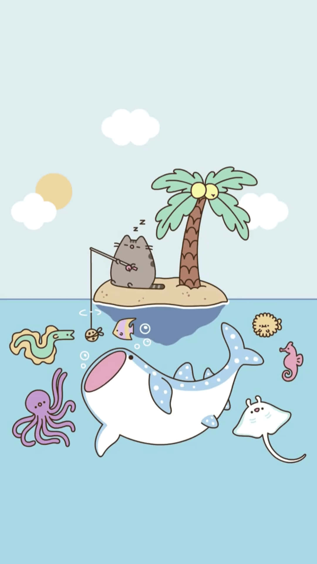Kawaii Pusheen 桌布 壁紙 — 一隻可愛的卡通貓咪在熱帶島嶼上睡覺，而鯨魚和海洋生物在下方淡藍色的海水中游動。