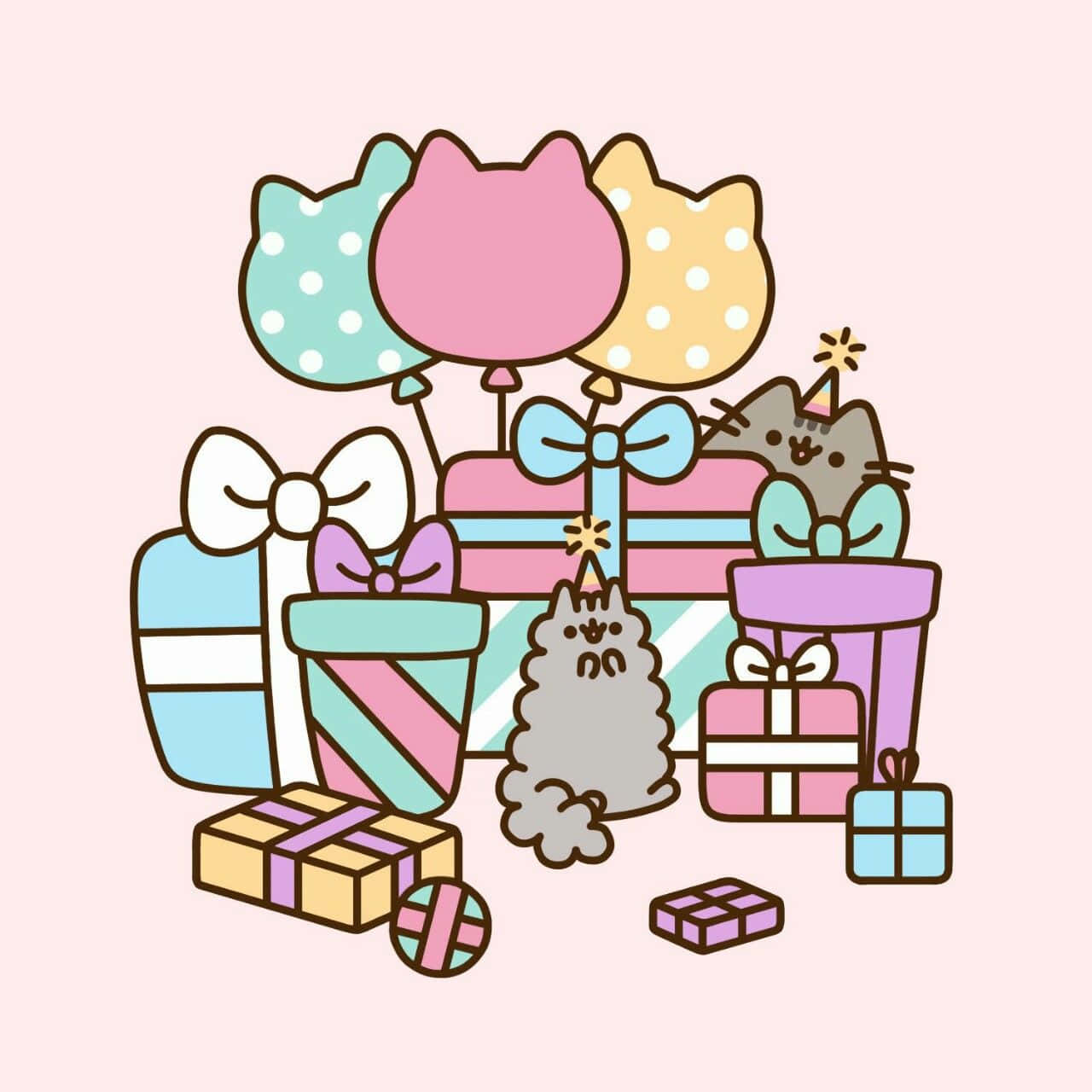 Pusheen 桌布 壁紙 — 一隻可愛的卡通貓咪戴著派對帽，坐在色彩繽紛的包裝禮物和貓形氣球之間，背景是柔和的粉紅色。