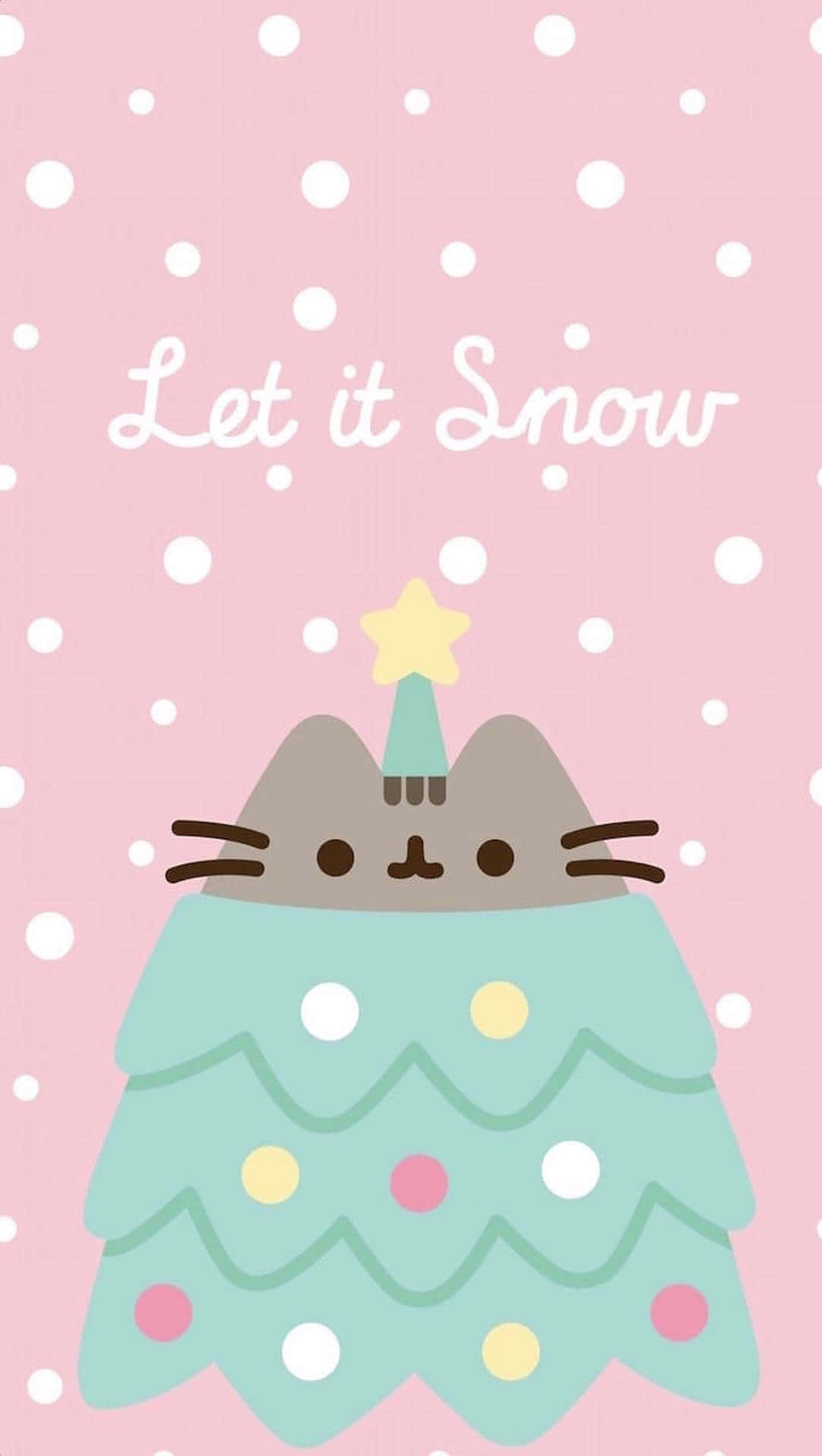 Pusheen 桌布 壁紙 — 一隻可愛的卡通貓咪打扮成裝飾好的聖誕樹，戴著星星帽，背景是粉紅色的雪地。