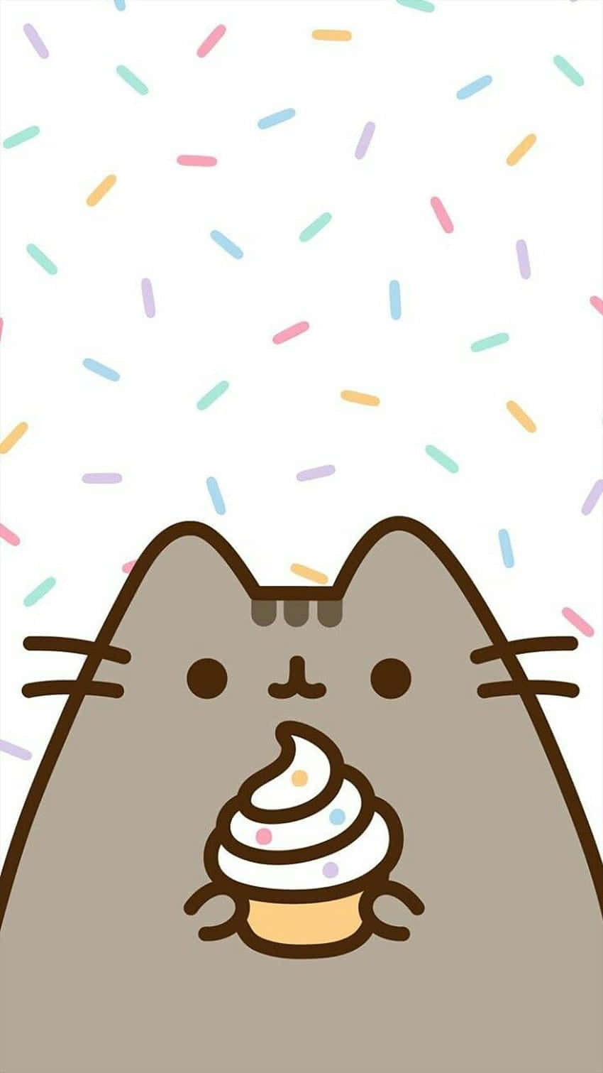 Cute Pusheen 桌布 壁紙 — 一隻可愛的卡通貓咪拿著一個杯子蛋糕，上面有彩色糖針從上方落下，背景為白色。
