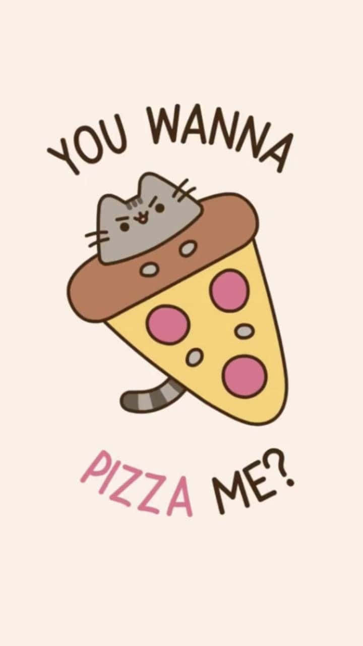 Kawaii Pusheen 桌布 壁紙 — 一隻可愛的卡通貓坐在一片有粉紅色和灰色配料的薄餅上，周圍有俏皮的文字問『You wanna pizza me?』