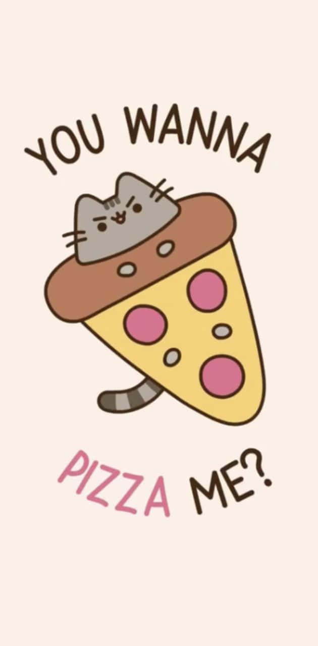 Cute Pusheen 桌布 壁紙 — 一隻可愛的卡通貓坐在一片有粉紅色意大利辣香腸的披薩上，並用俏皮的文字問『you wanna pizza me?』