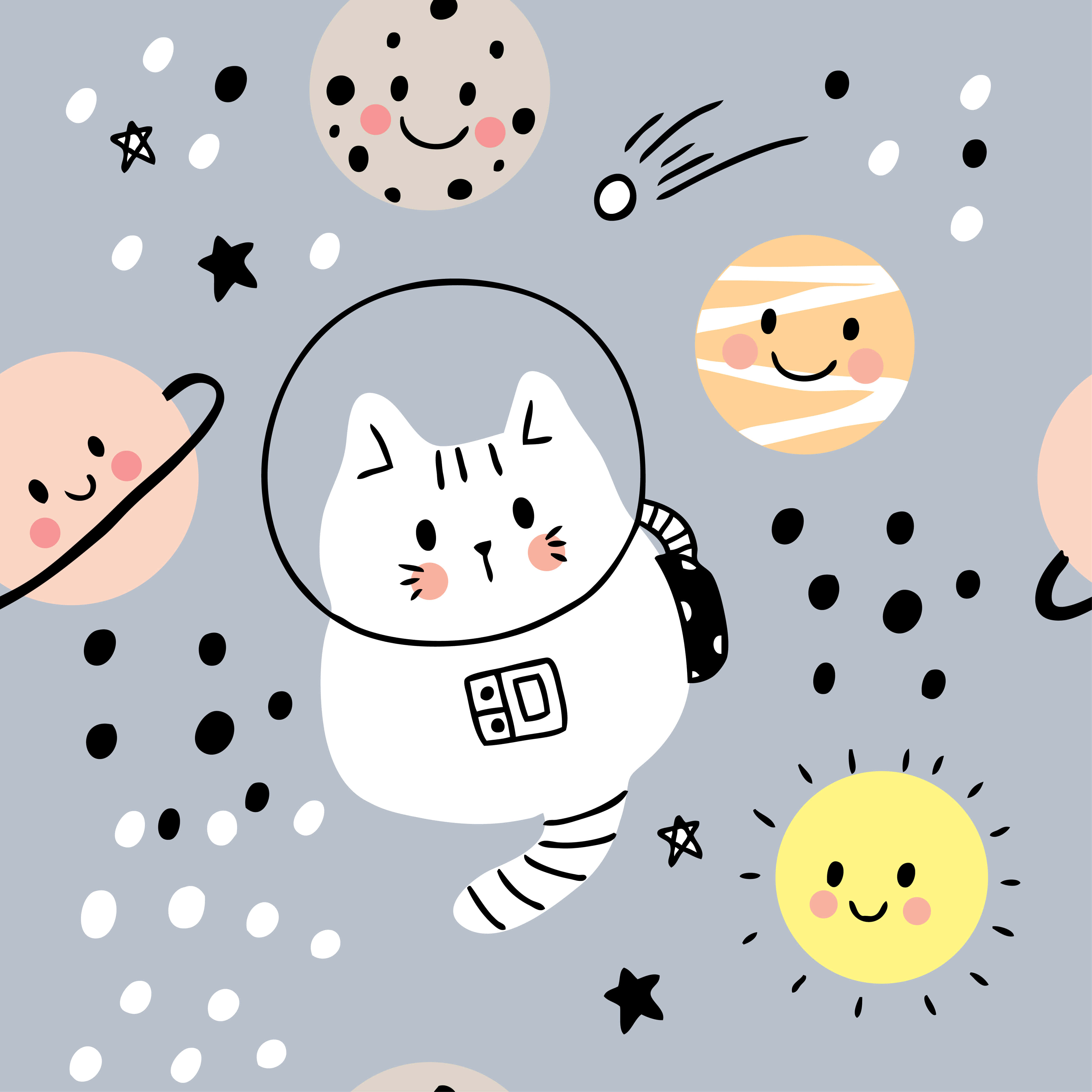 Kawaii Space 桌布 壁紙 — 一隻可愛的卡通貓太空人在一個有趣的太空場景中漂浮在微笑的行星、星星和太陽之間。