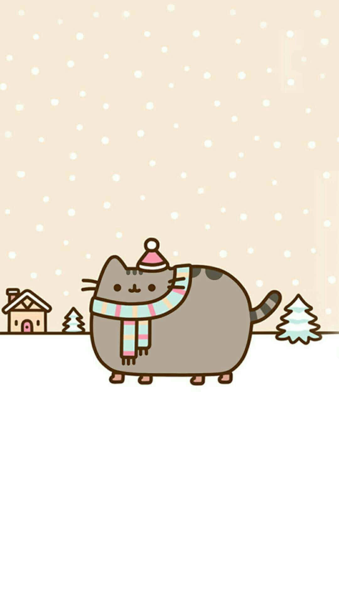 Pusheen 桌布 壁紙 — 一隻可愛的卡通貓戴著帽子和圍巾，站在有房屋和松樹的雪地冬季場景中。