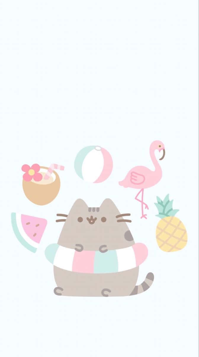 Cute Pusheen 桌布 壁紙 — 一隻可愛的卡通貓穿著條紋泳衣，周圍有沙灘物品，如火烈鳥、菠蘿和西瓜。