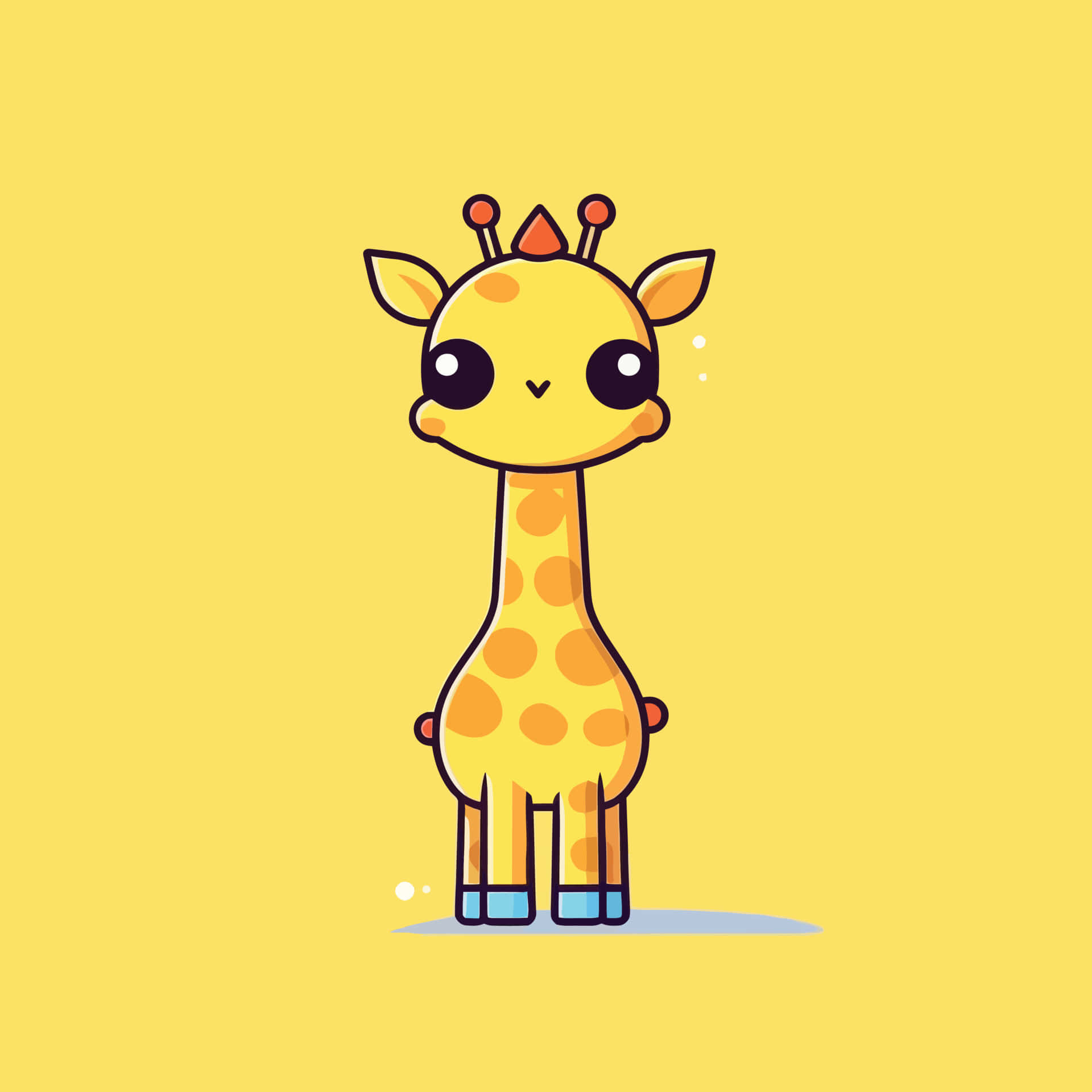 Kawaii Giraffe 桌布 壁紙 — 一隻可愛的卡通長頸鹿，有大眼睛和橙色斑點，站在純黃色背景前。