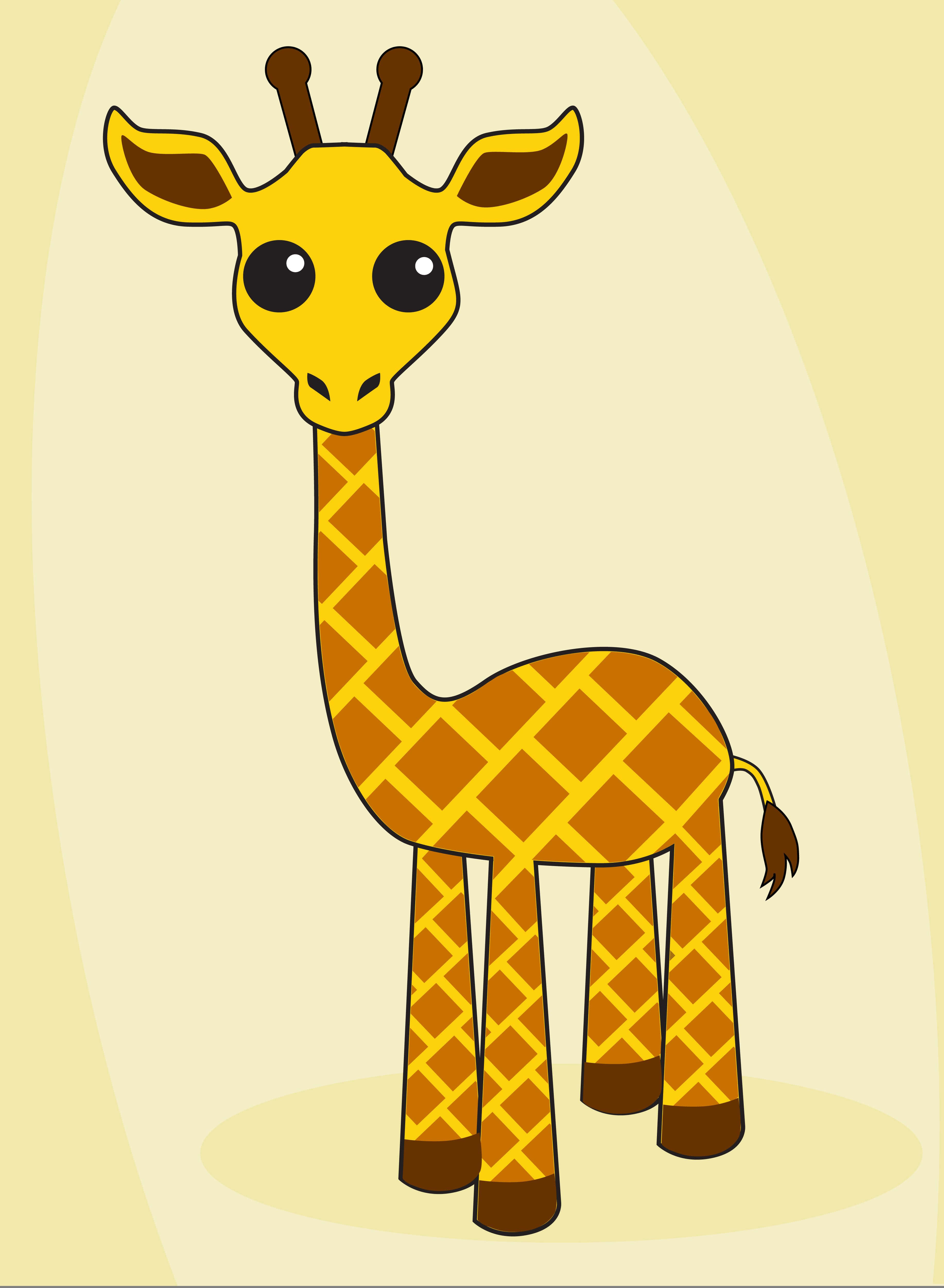 Kawaii Giraffe 桌布 壁紙 — 一隻可愛的卡通長頸鹿，有大眼睛和橙黃色菱形圖案，站在柔和的奶油色背景前。