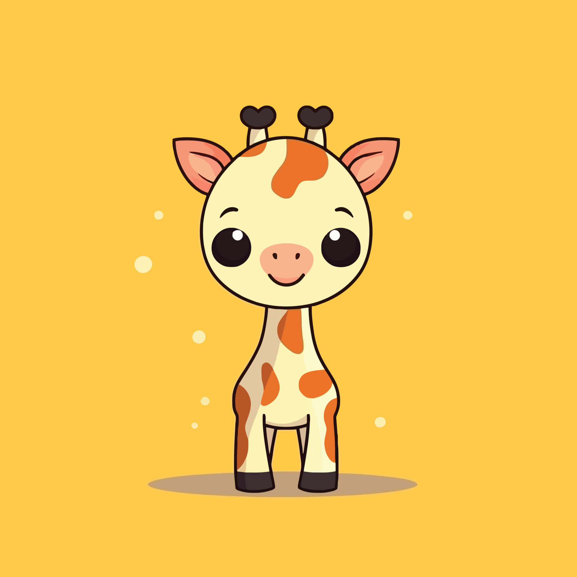 Kawaii Giraffe 桌布 壁紙 — 一隻可愛的卡通長頸鹿，有大眼睛和微笑，站在純黃色背景上，背景有漂浮的白色圓點。