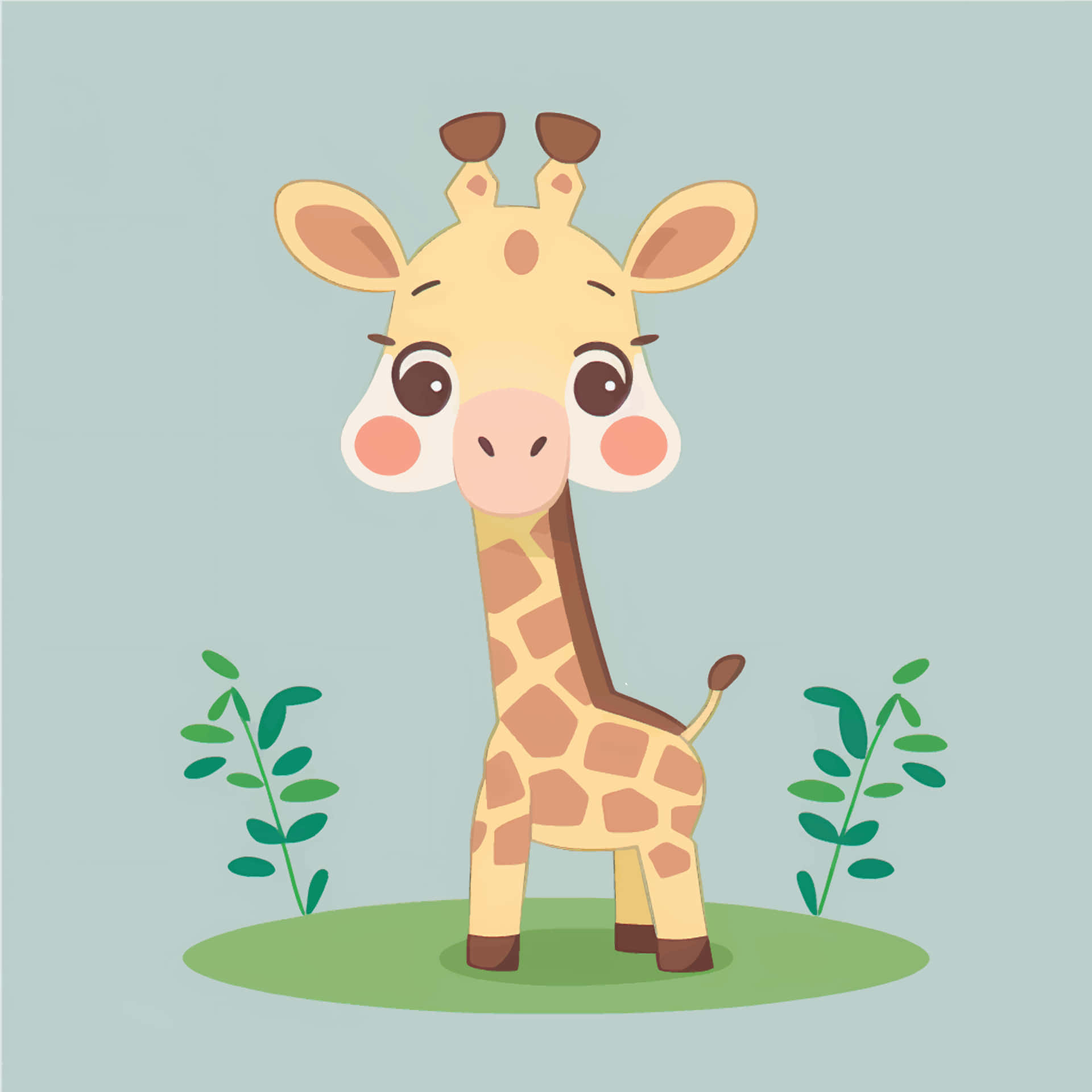 Kawaii Giraffe 桌布 壁紙 — 一隻可愛的卡通長頸鹿，有大眼睛和玫瑰色臉頰，站在綠色草地上，兩側有小植物，背景是柔和的藍色。