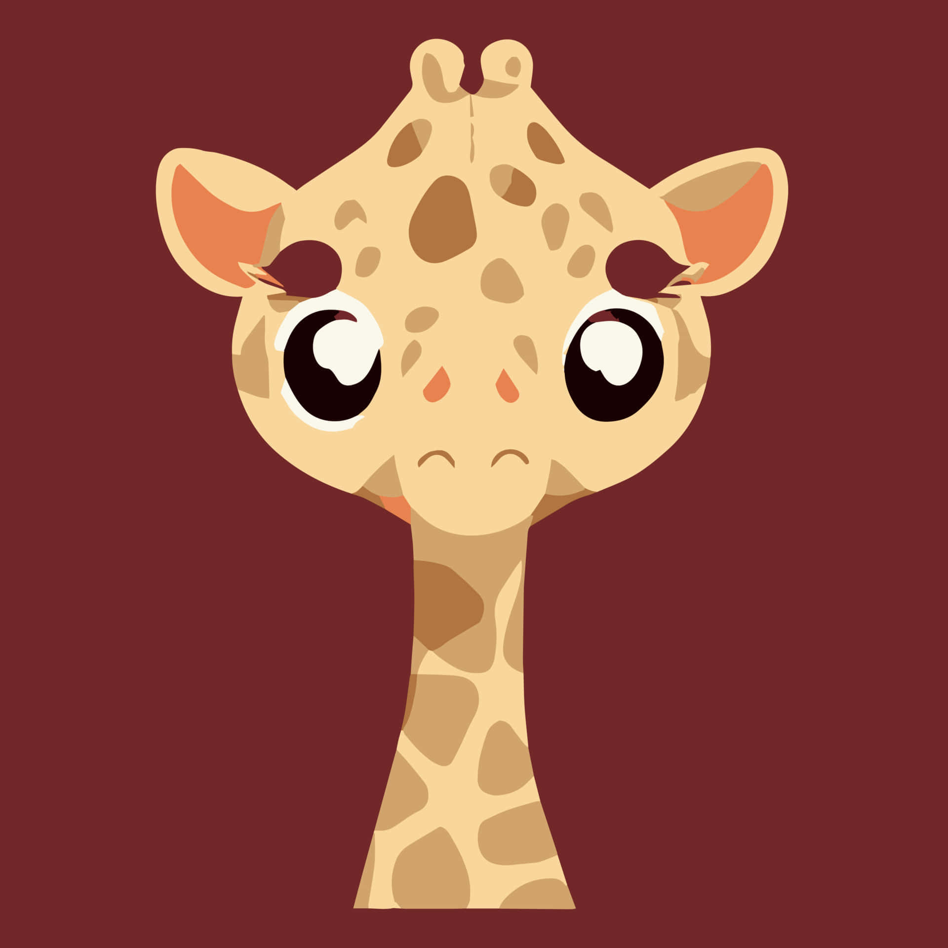 Kawaii Giraffe 桌布 壁紙 — 一隻可愛的卡通長頸鹿，有著大大的圓眼睛和悲傷的表情，背景是純栗色。
