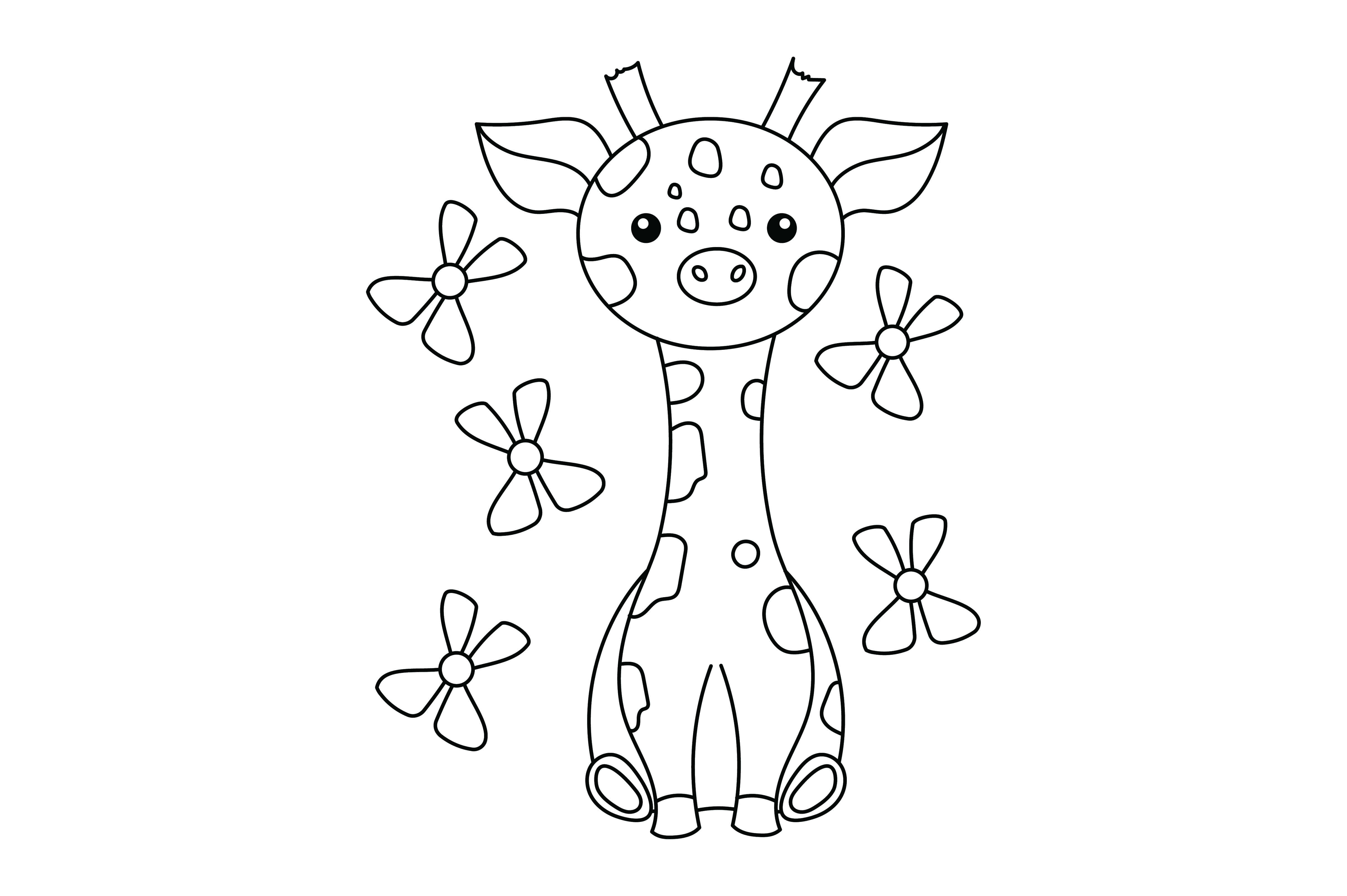 Kawaii Giraffe 桌布 壁紙 — 一隻可愛的卡通長頸鹿，身上有斑點，周圍漂浮著花朵，以簡單的黑白線條畫呈現。