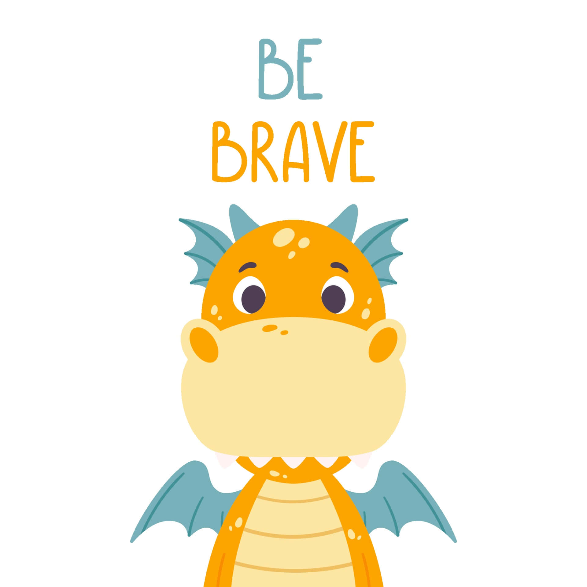 Brave 桌布 壁紙 — 一隻可愛的卡通龍，橙色身體和藍色翅膀，抬頭看著以俏皮字體寫成的「勇敢」二字。